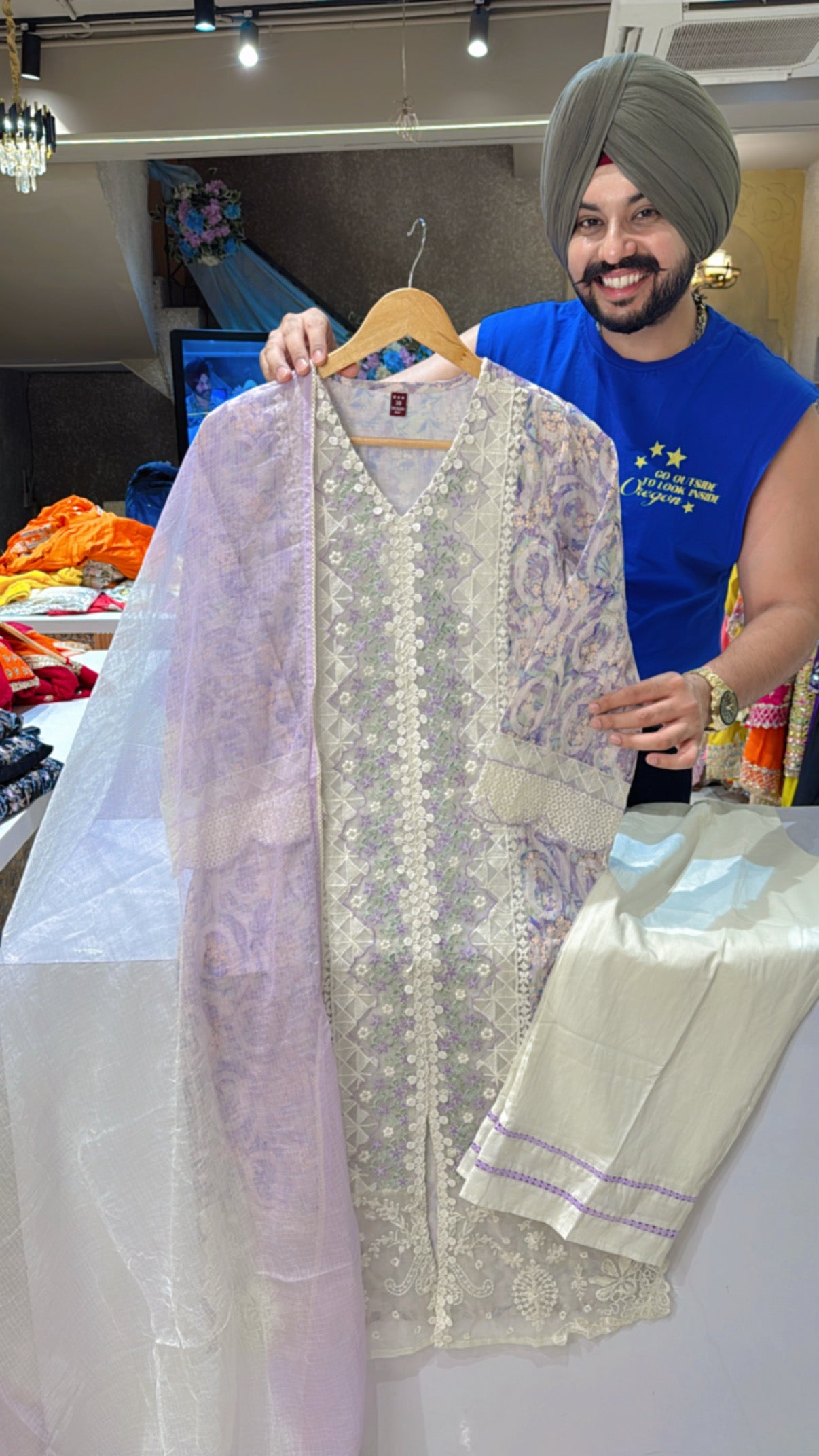 Light Lilac Jacquard Cotton Heavy embroidered Kashmiri Suit with Kota Doria Duppata