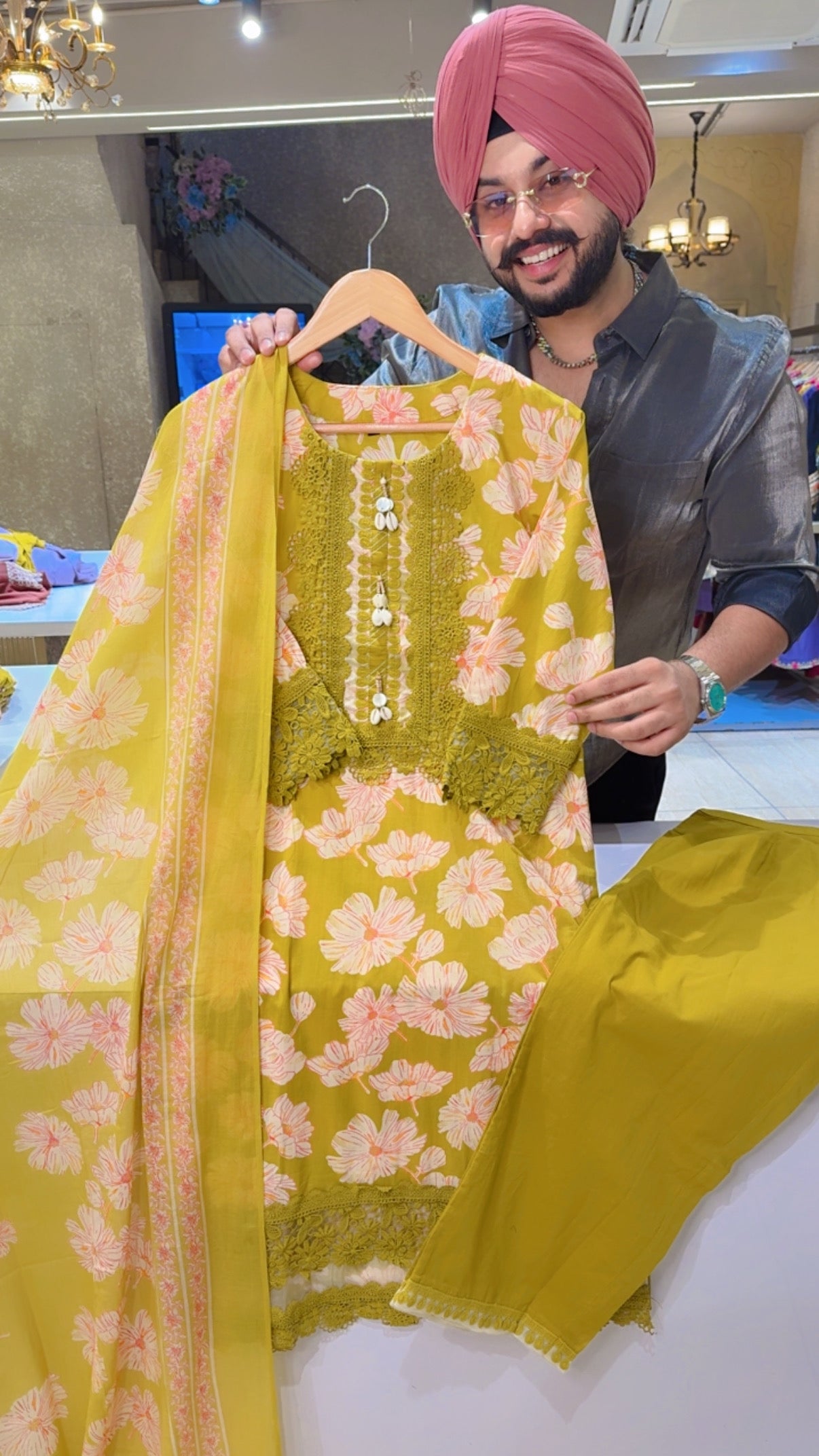 Bright Mehendi pure Cotton crochet Lace Kashmiri Suit