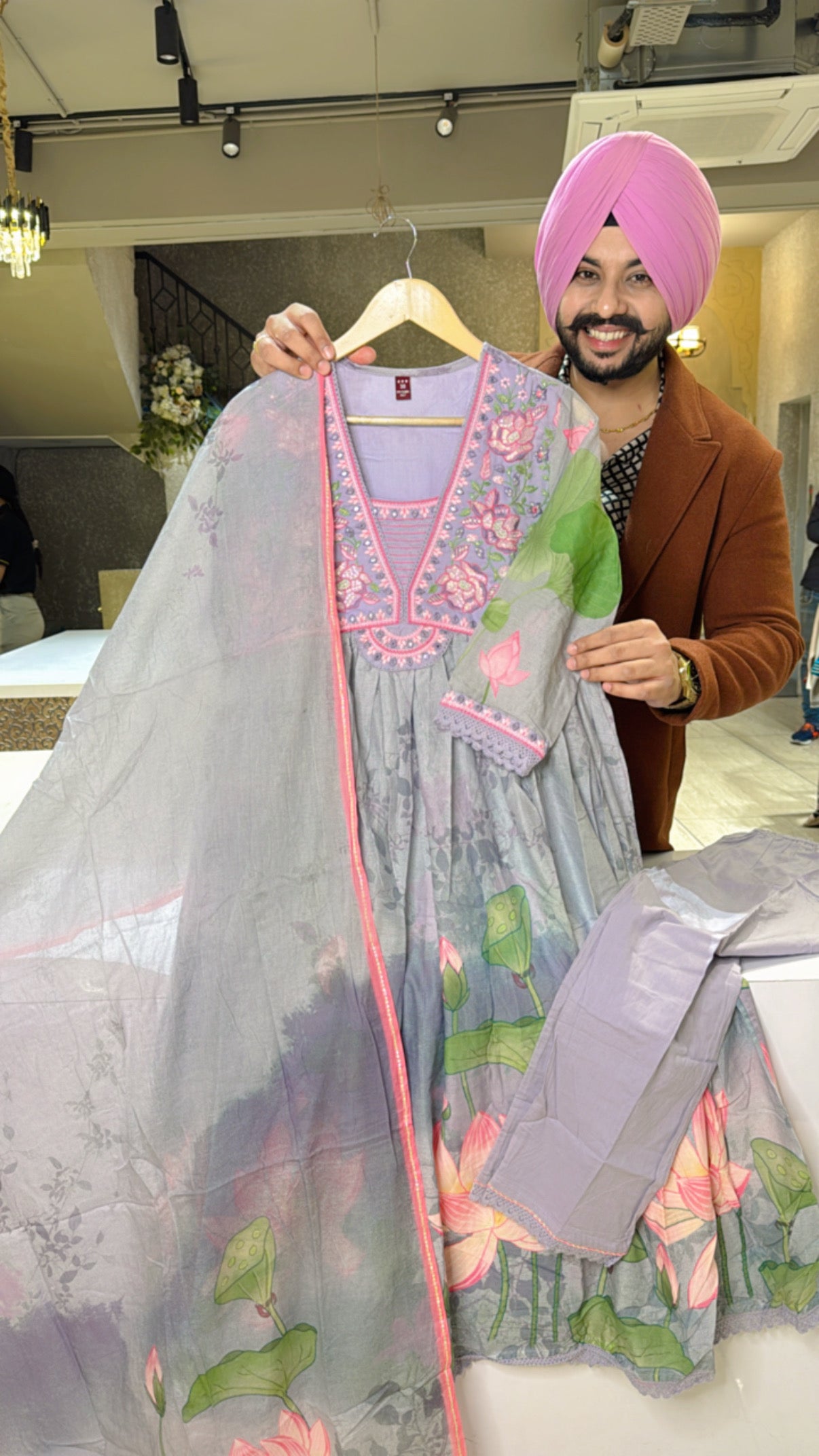 Greyish Mauve pure Mal Cotton Anarkali suit with Beautiful embroidery work on neck