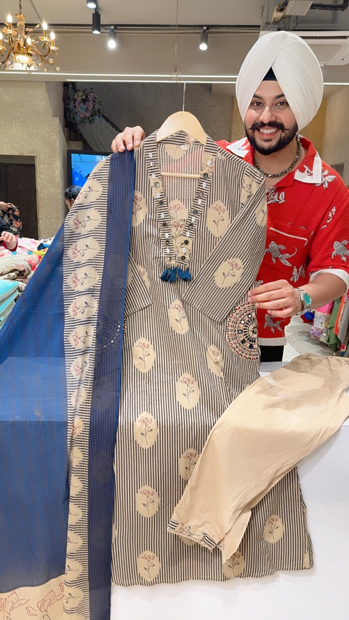 Beige & Blue Stripped English Print Pure Cotton Hand Embroidered Straight Suit with Beautiful Embroidery work on Pockets