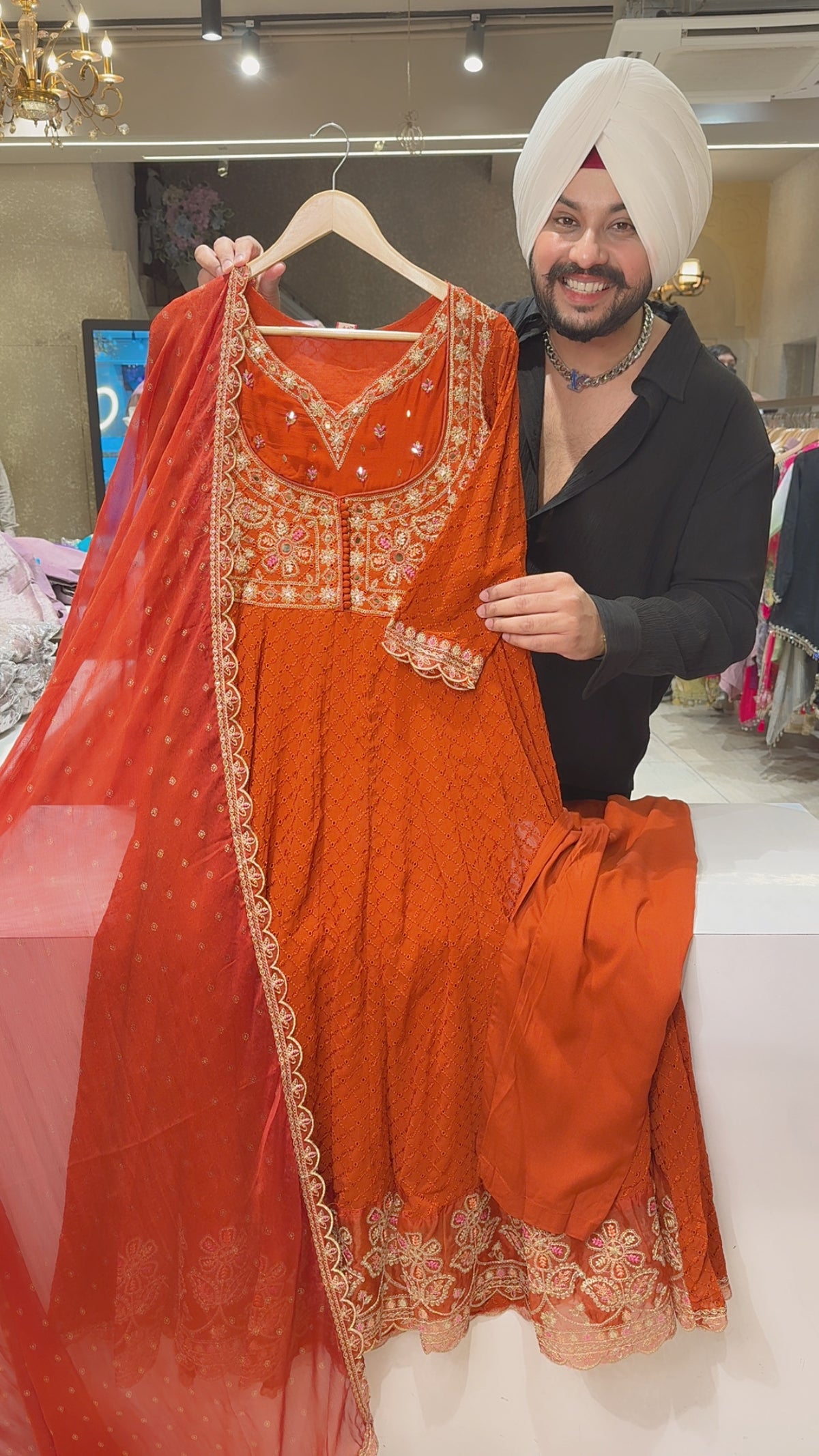 Rusty Orange Shifli Georgette Heavy Embroidered Party Wear Anarkali Suit with Beautiful Chinon Duppata