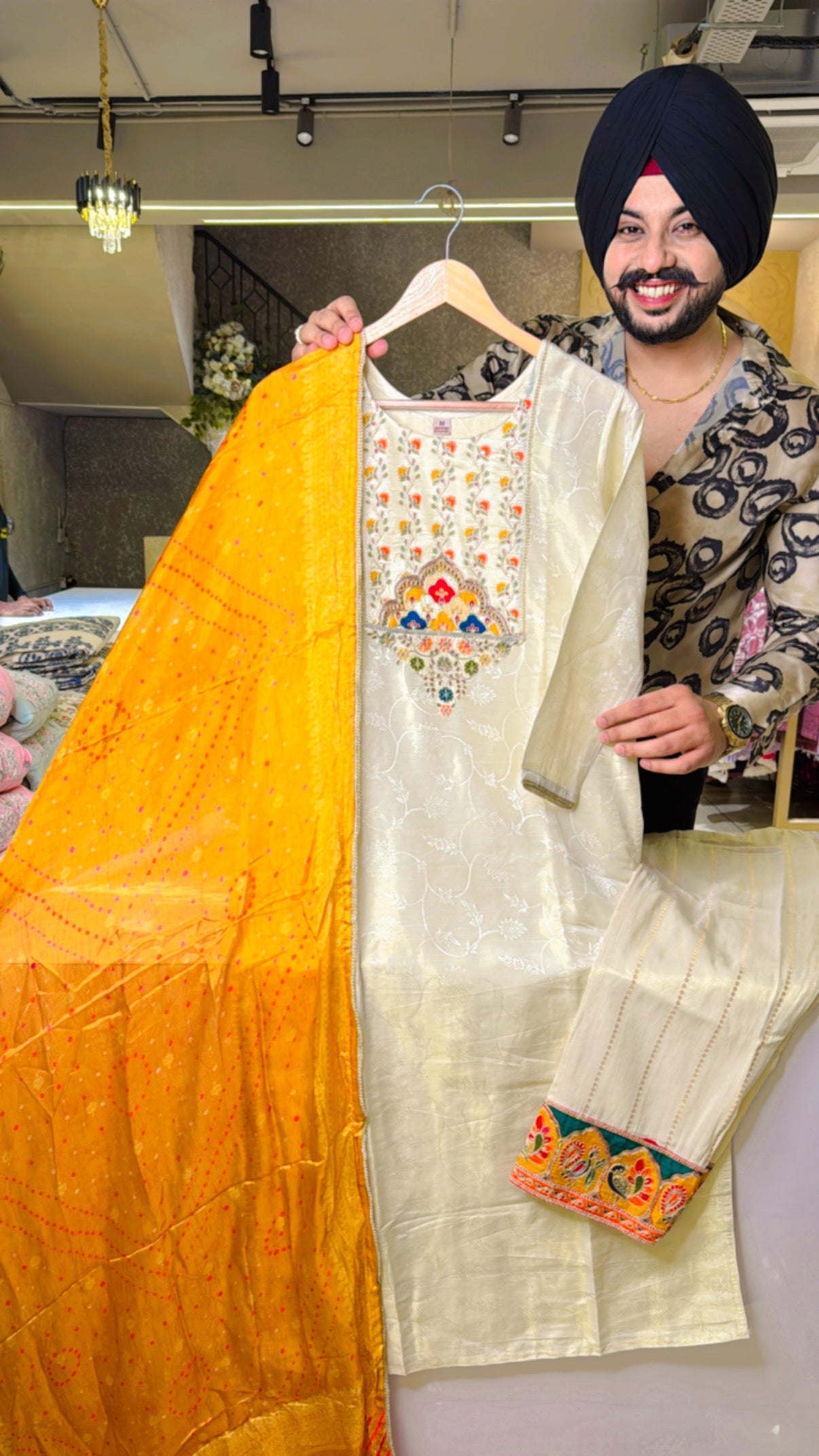 Ivory Gold Jacquard Silk Heavy Peacock Embroidered Straight Suit with Beautiful Silk Duppata