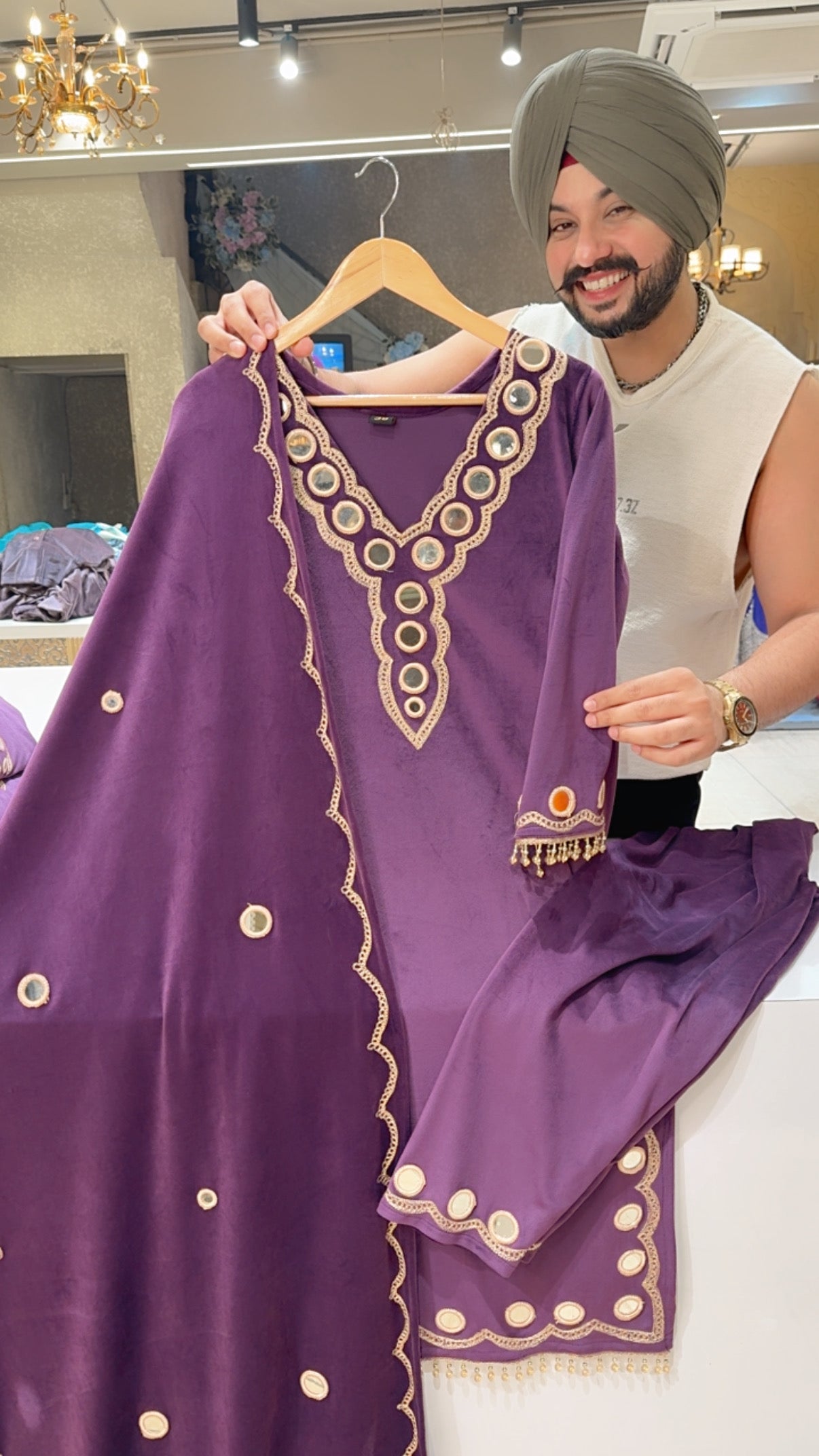 Purple Velvet Fully Stretchable Mirror Work Straight Suit with Beautiful Duppata
