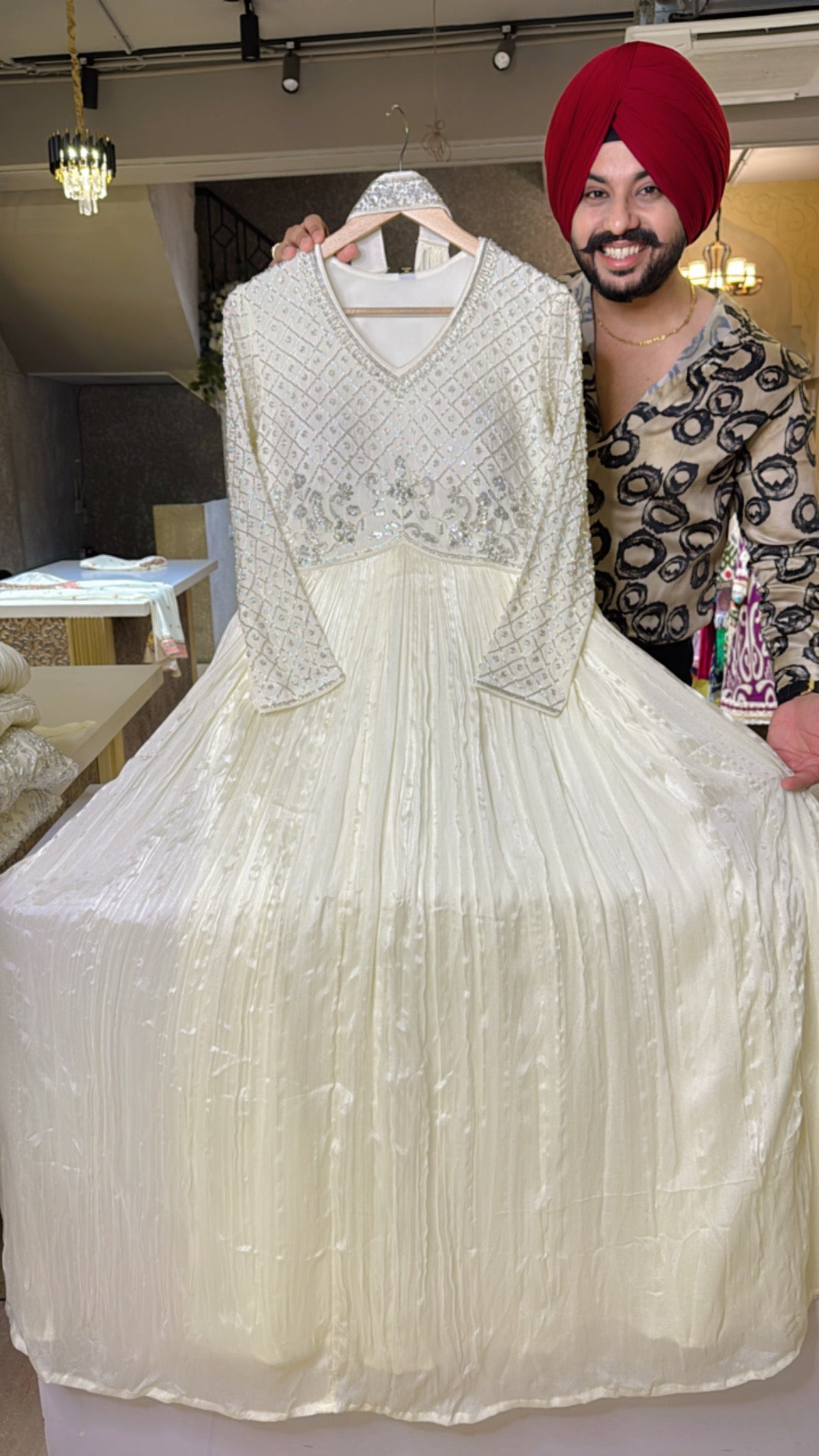 Cream Crush Organza Hand Embroidered Girlish Anarkali Gown with Cute NeckLace Duppata