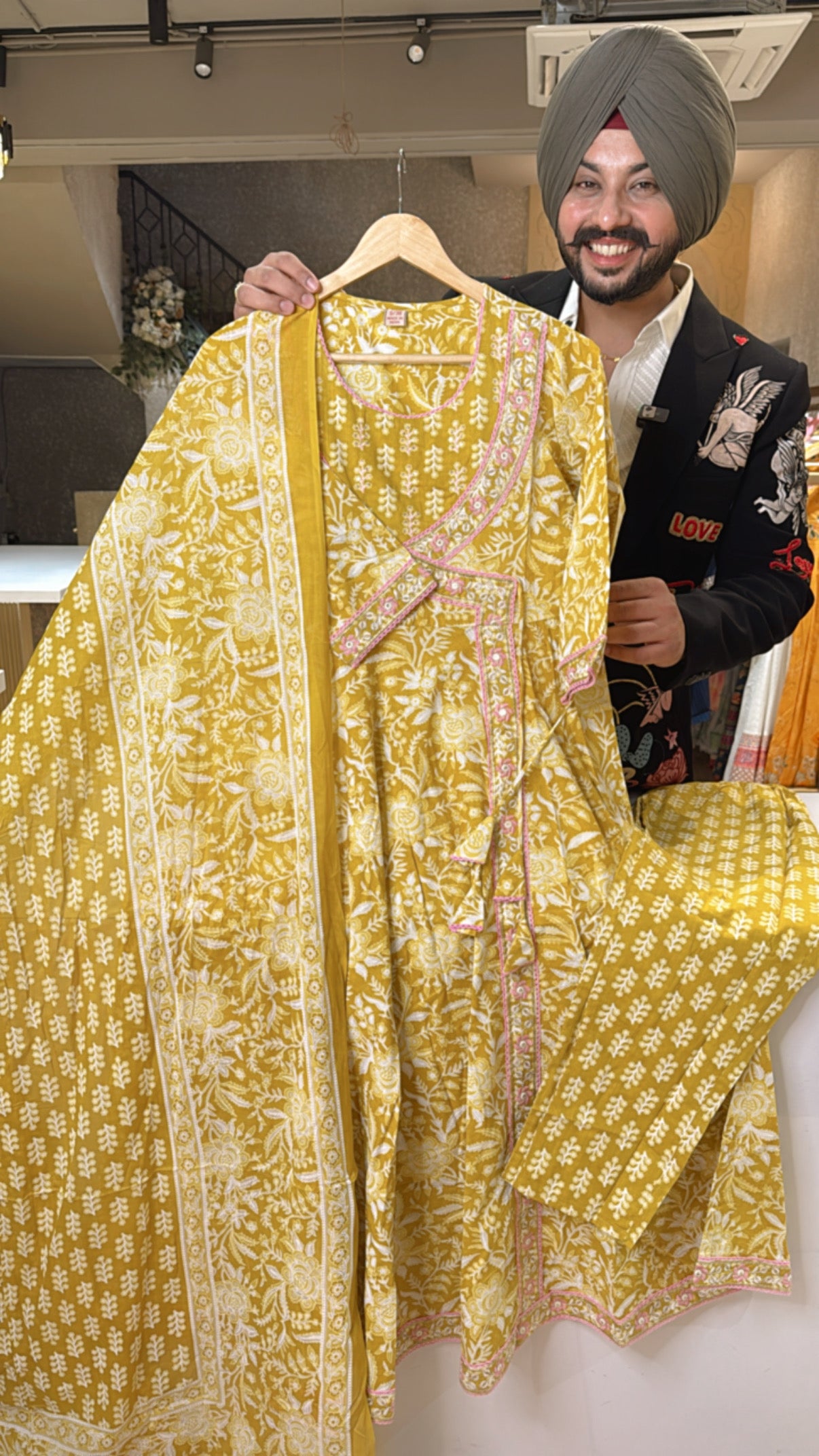 Mustard Yellow Pure Cotton Embroidered Angrakha Full Flair Anarkali suit with Beautiful Dupatta