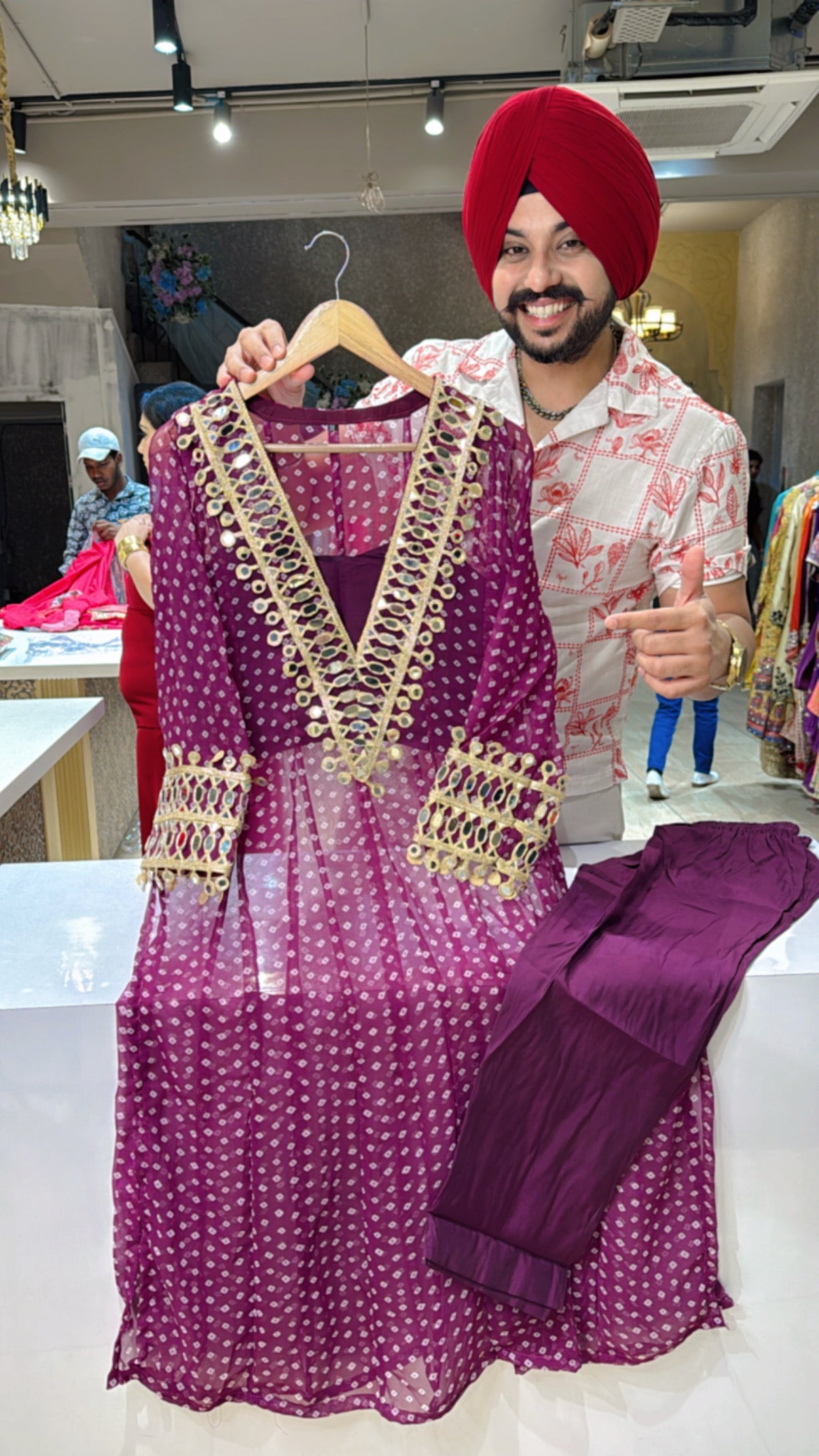 Wine Georgette Bandhej print Designer Long length Coord set with Heavy mirror Pasting on Designer Neck & sleeves