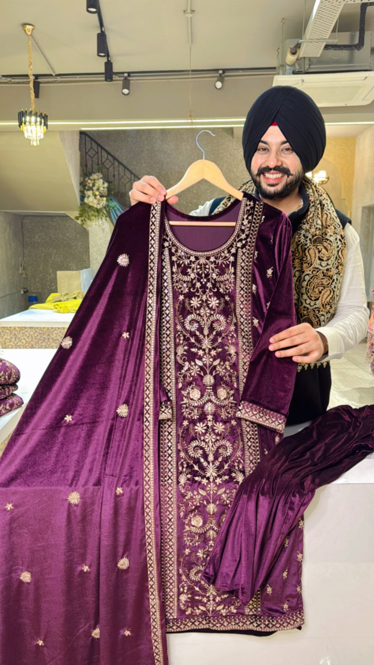 Wine Premium Strechable Velvet Heavy embroidered Straight Suit with embroidered Duppata