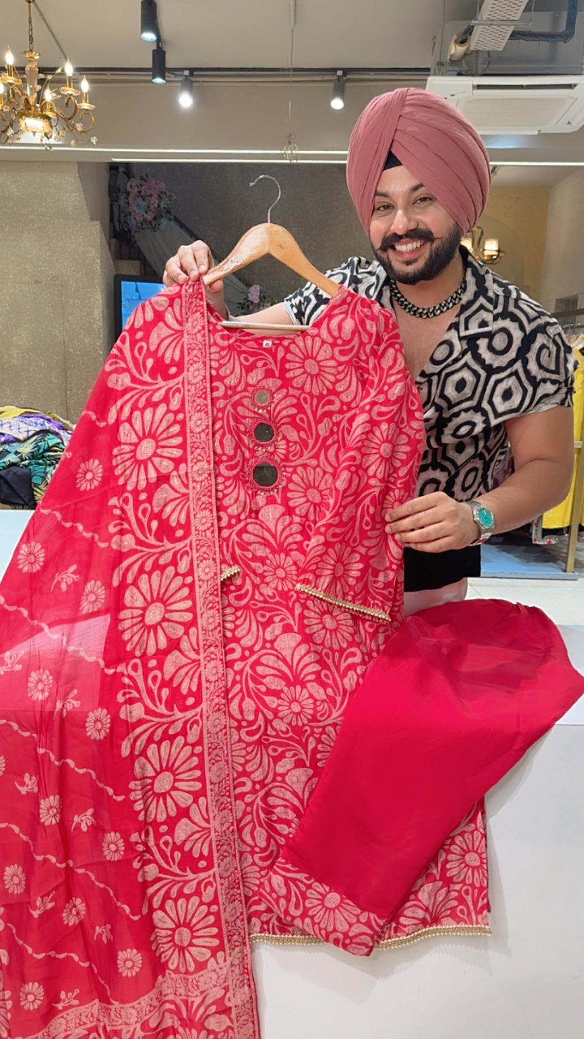 Hot Pink Soft Silk Indowestern Semiformal Suit with Beautiful Mirror & Sleek Hand work on neck