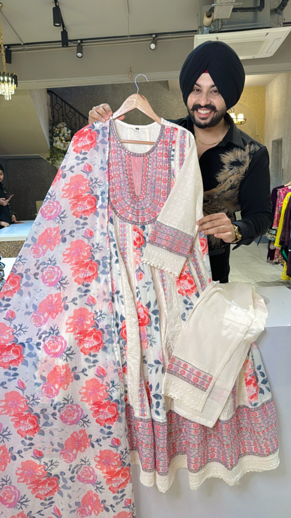 Off White & Multicolored Pure Cotton Heavy Embroidered & Shifli Work Anarkali Suit with Floral Print Duppata