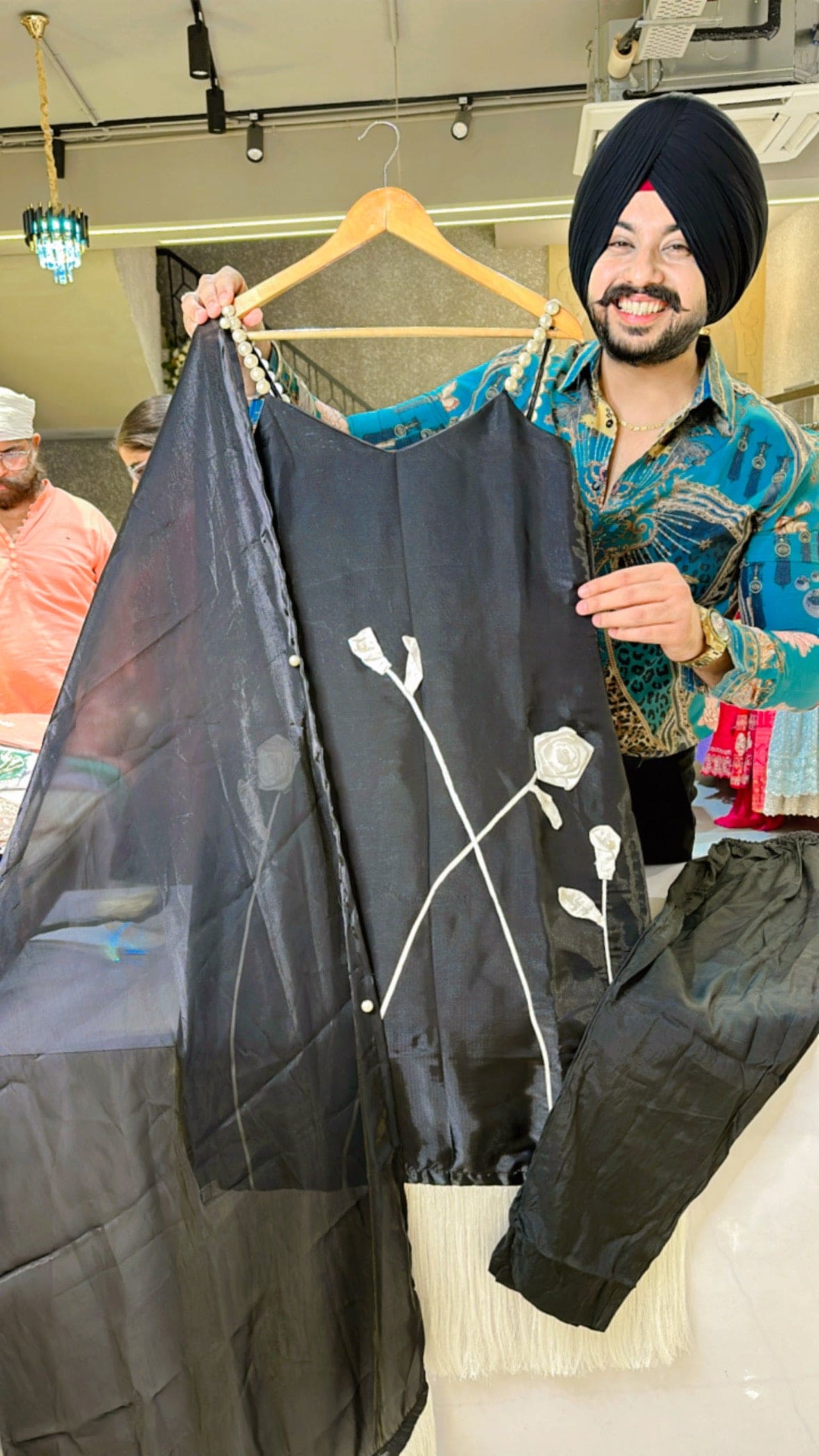 Black Gloss Tissue Pearl Hand work Noodle sleeves Indowestern Straight Suit with Stylish Dupppata