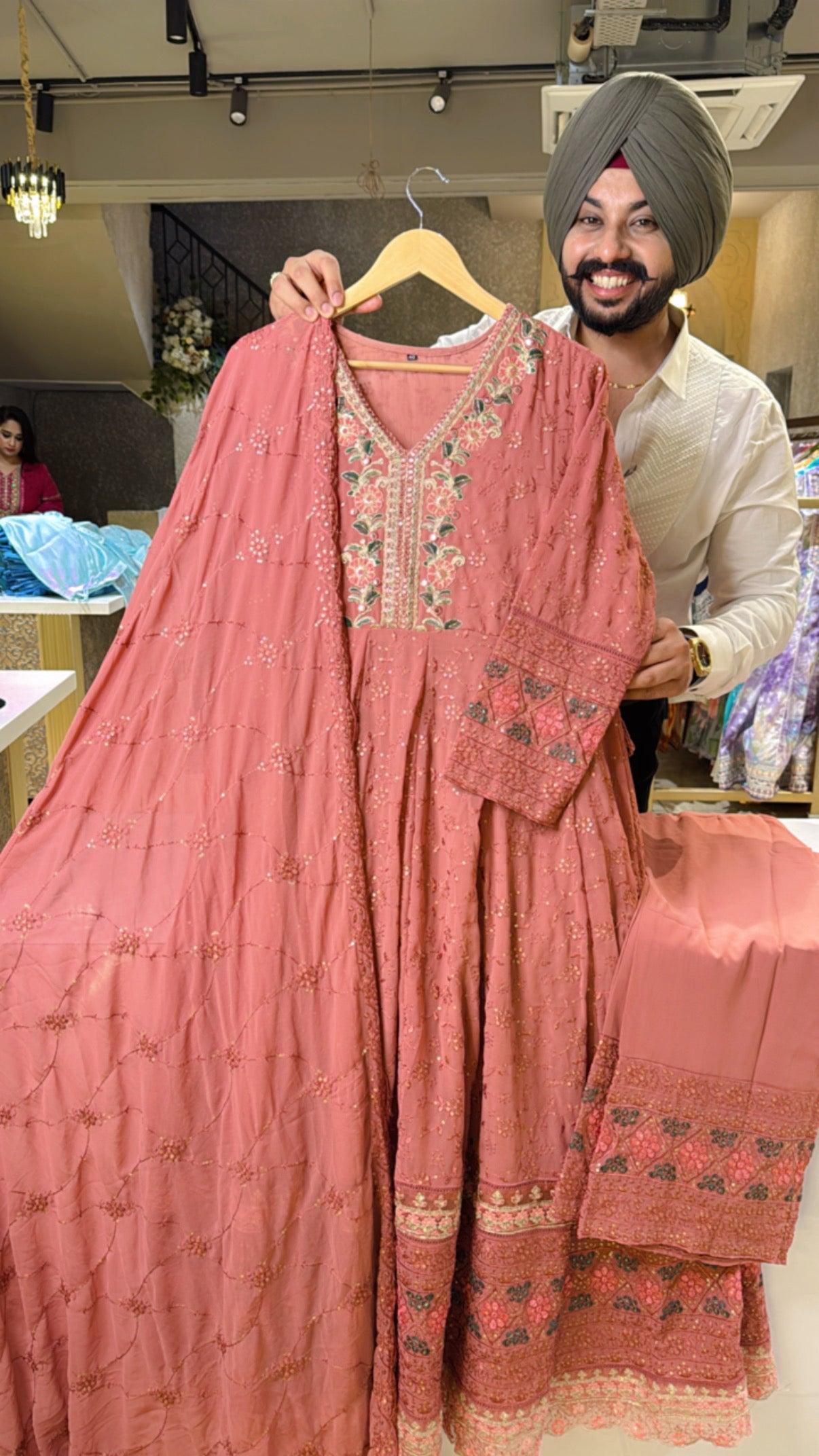 Onion Georgette Heavy Embroidery Full Flair Anarkali suit With Embroidered Dupatta