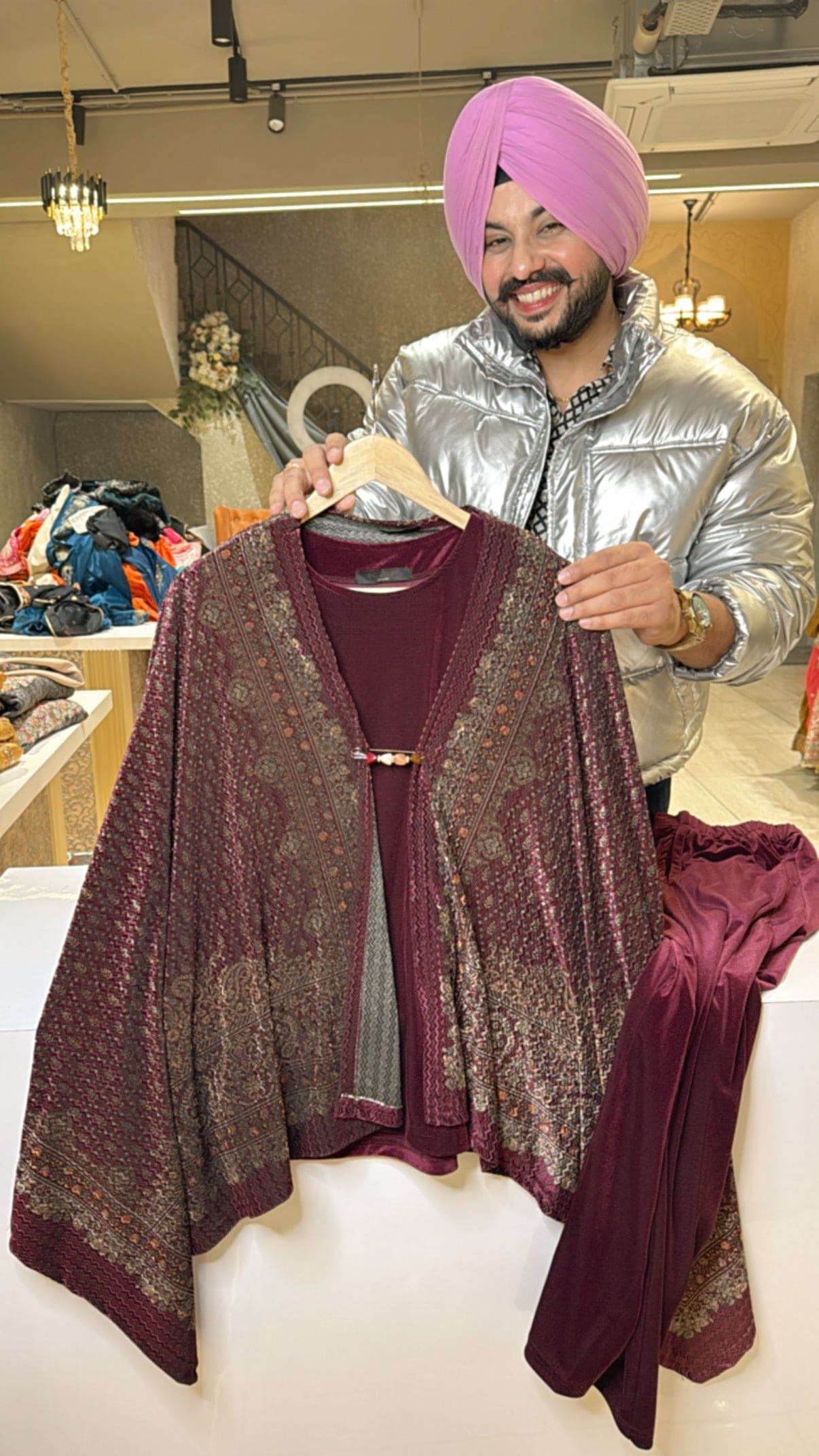 Winish Maroon velvet Indowestern Coord set with Stylish Shrug