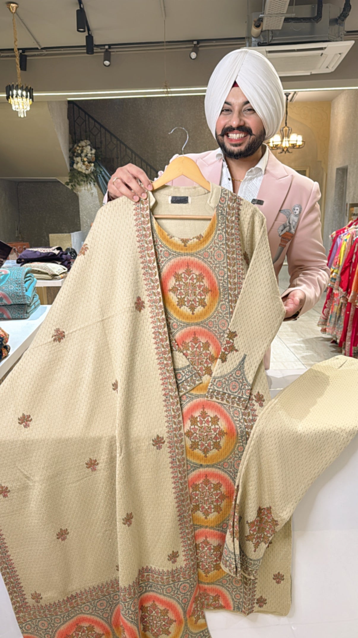 Beige Premium Strechable Woolen Straight Suit with Beautiful Duppata