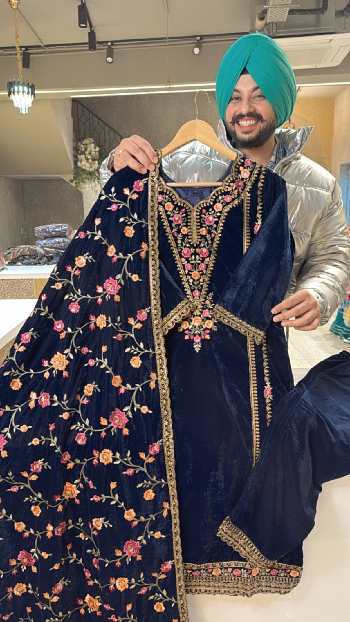 Navy Blue premium Velvet suit with Heavy Embroidered Duppata
