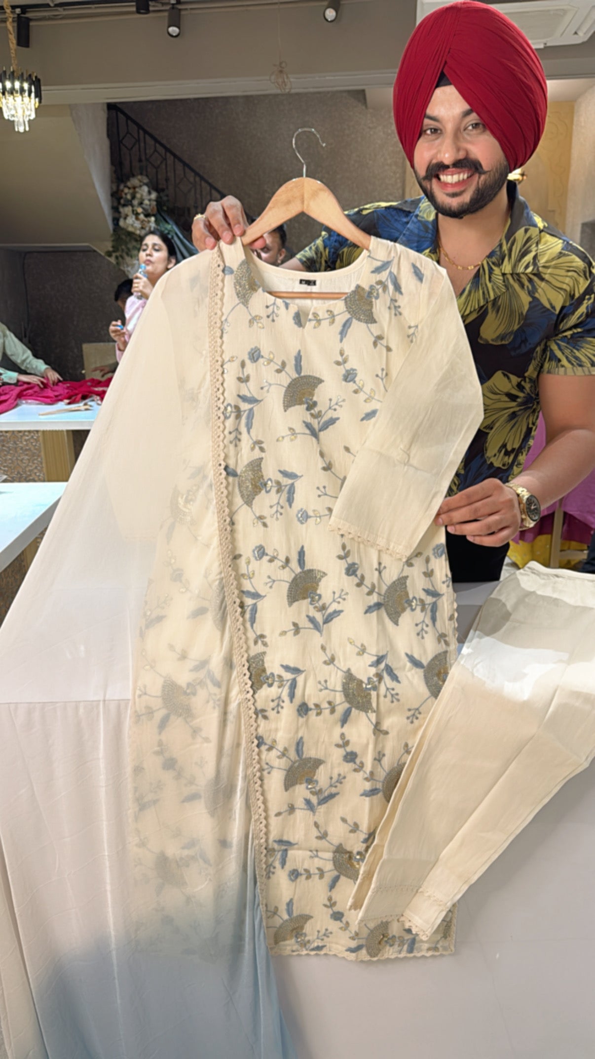 Off white & Blue Kora Cotton Heavy Embroidered Straight Suits with Beautiful Chiffon Duppata