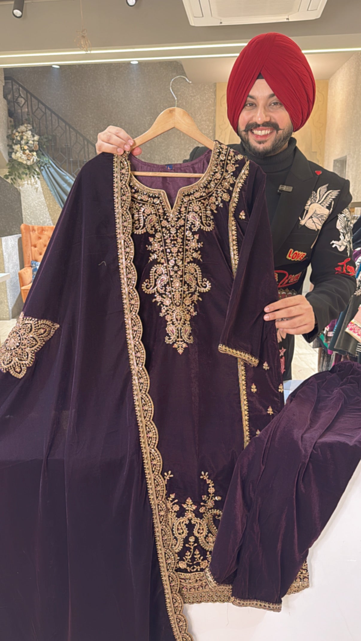 Dark wine heavy embroidered straight velvet suit with beautiful Duppata