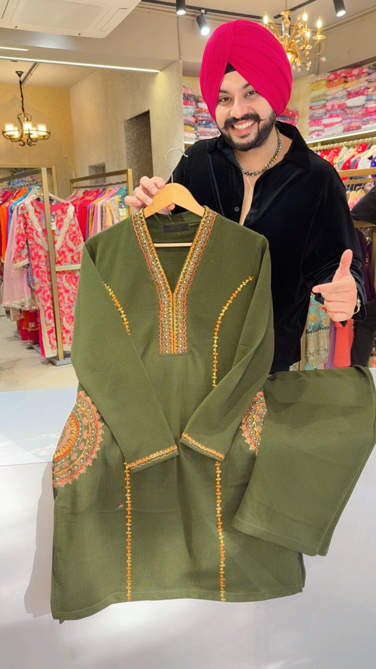 olive Green Woolen Kashmiri Embroidered Coord set