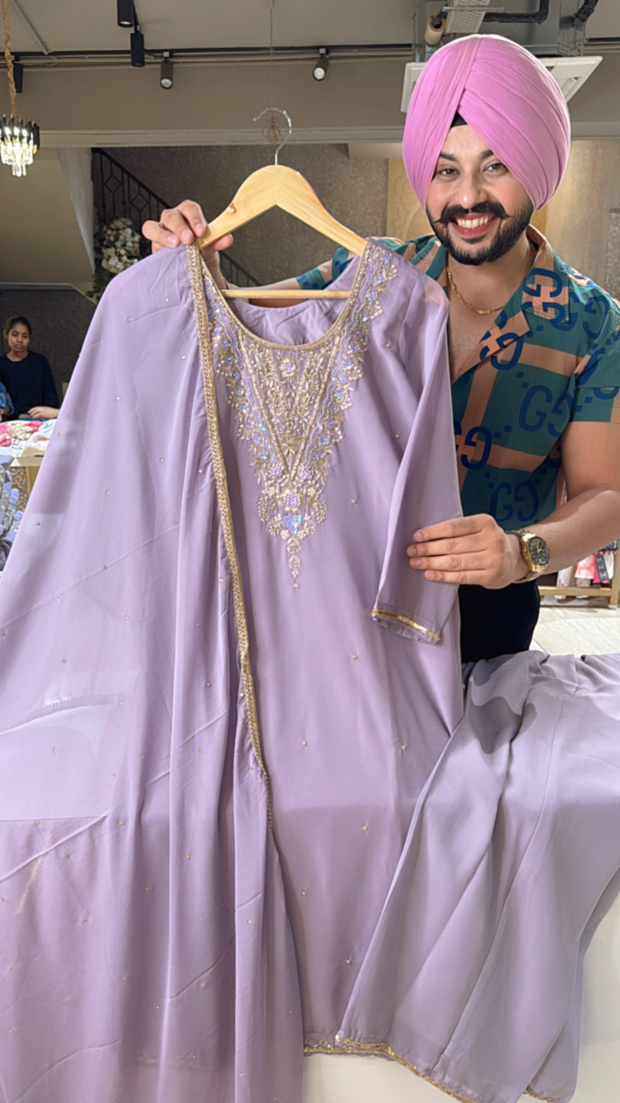 Mauve Georgette Kashmiri Suit with Beautiful Hand Embroidery Work on neck