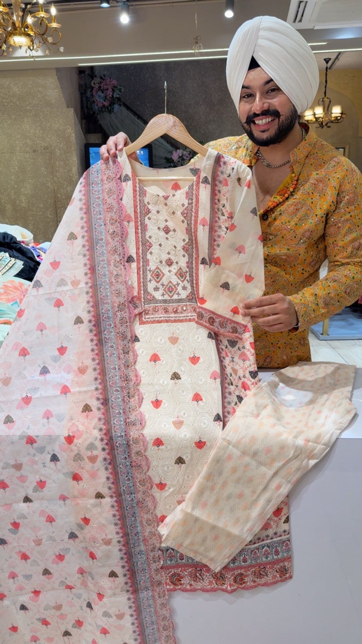 Off White Soft Chanderi Chicken Work Semi Formal Suits