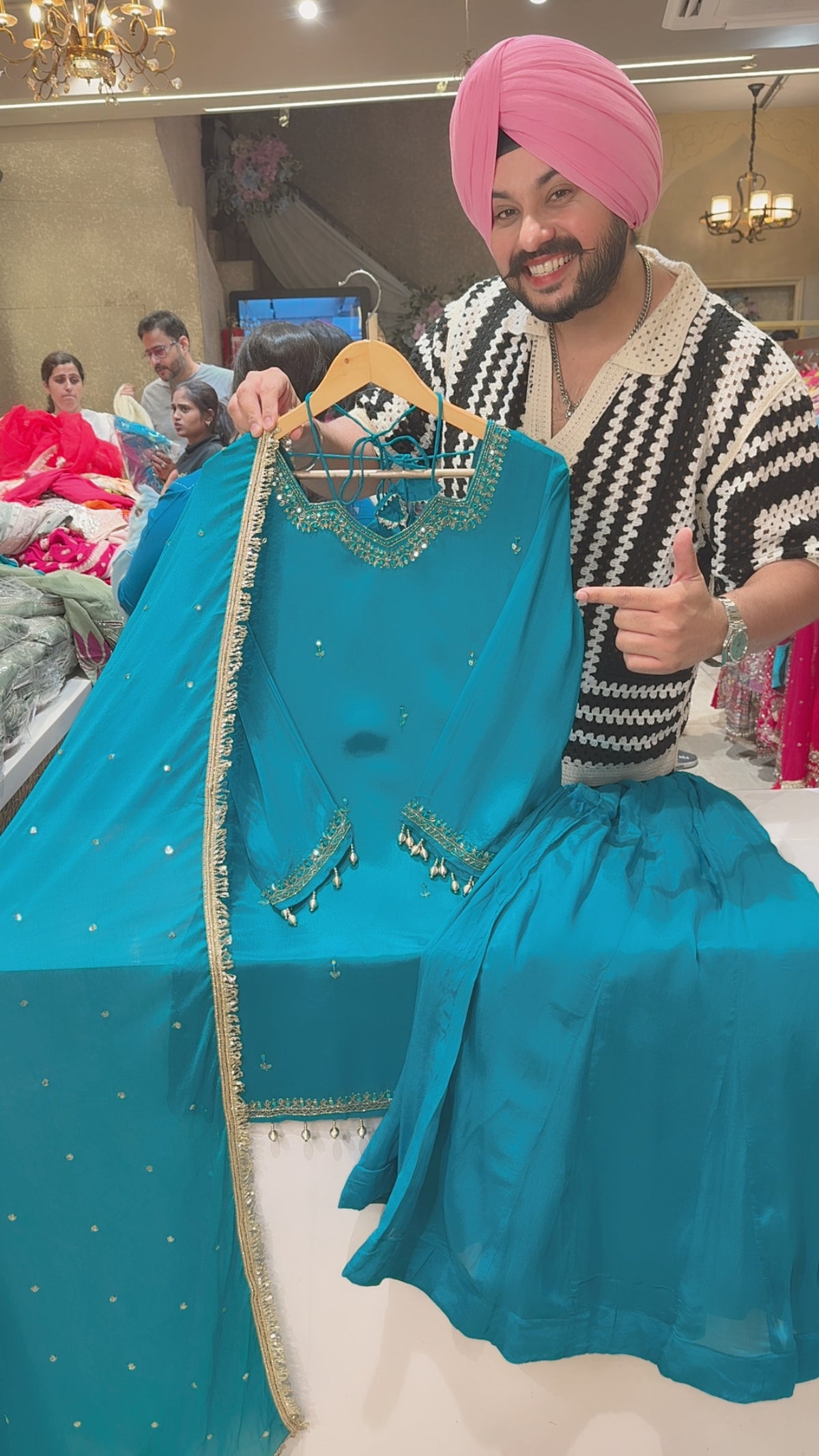 Firozi Chinon Designer Neck hand embroidered Full Flair Sharara Suit