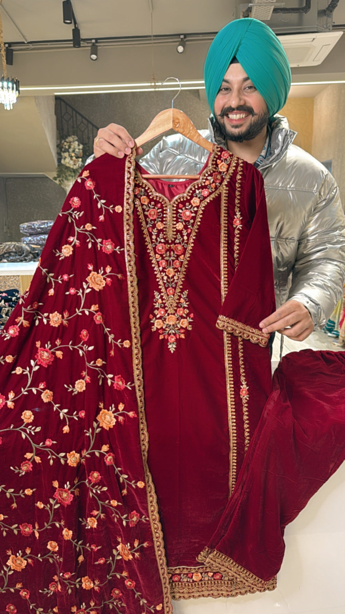 Reddish Maroon premium Velvet Pakistani suit with Heavy Embroidered Duppata