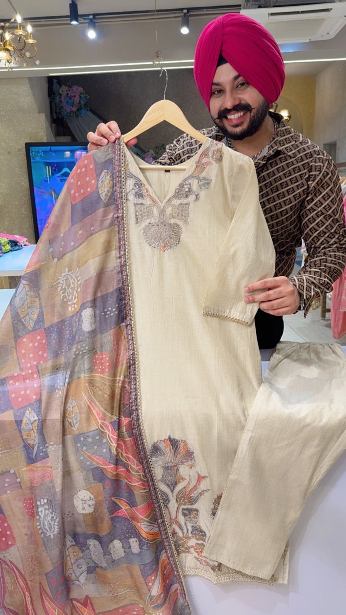 Light Beige Tassar Silk Beautiful Embroidered Patchwork Party Wear Straight Suit