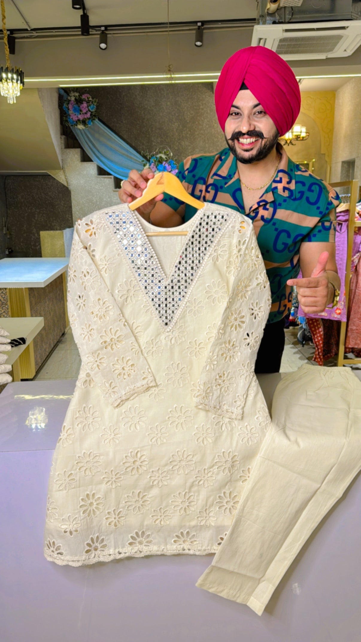 Off white Heavy Mirror & Cut Work Kora Cotton Coord set