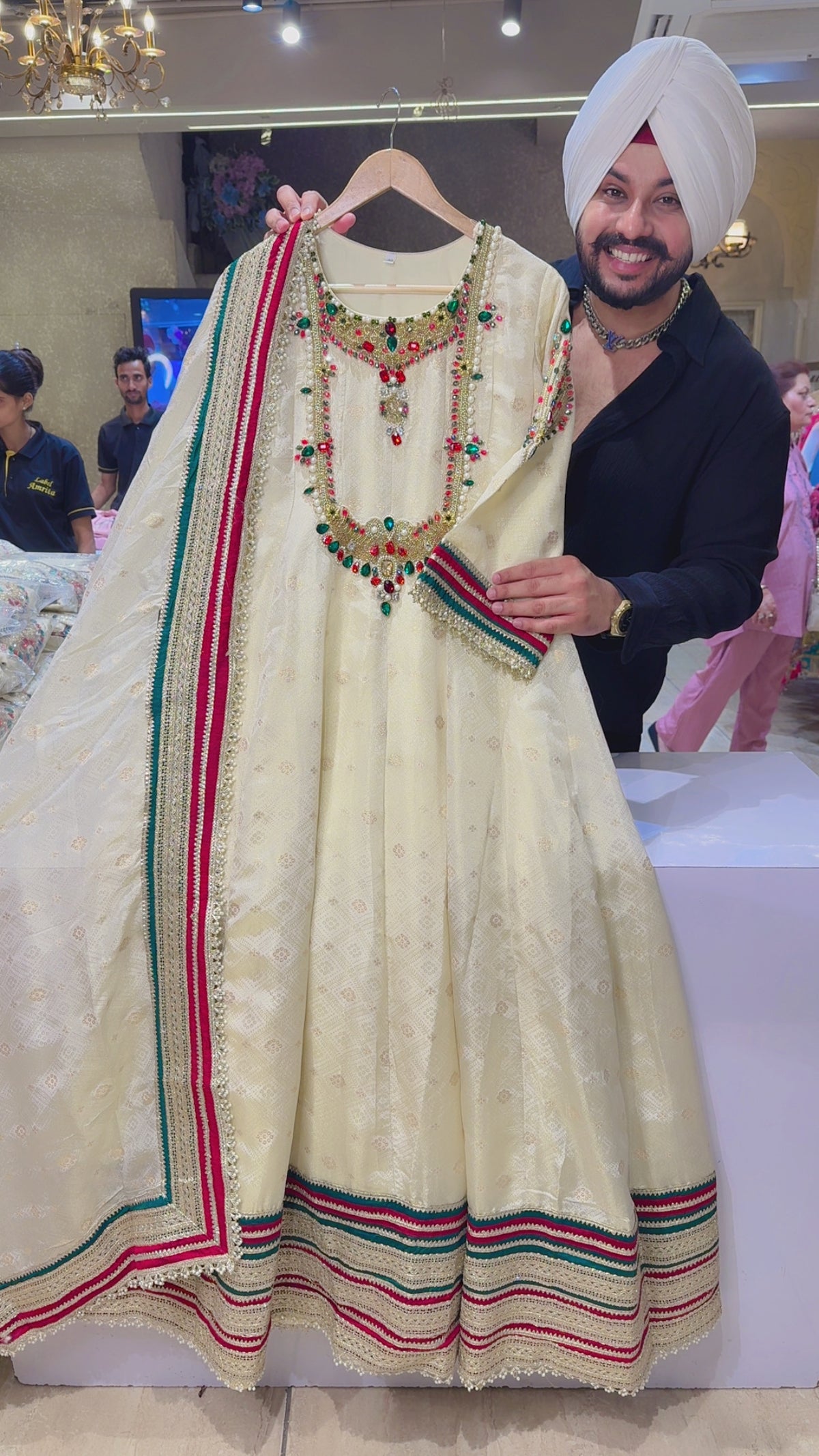 Ivory Colour Brocade Silk Heavy Kundan ,Pearl & Hand embroidered Anarkali Gown With Heavy Duppata