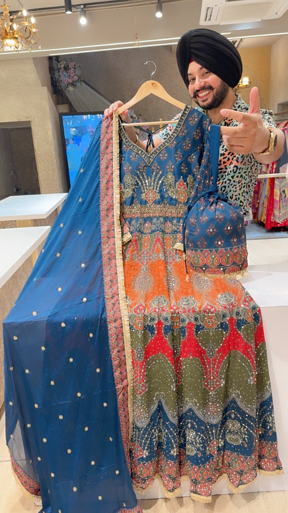 Blue Chinon Heavy Hand Embroidered & Mirror Pasting Anarkali Gown With Cute Potli & Sequins Worl Duppata