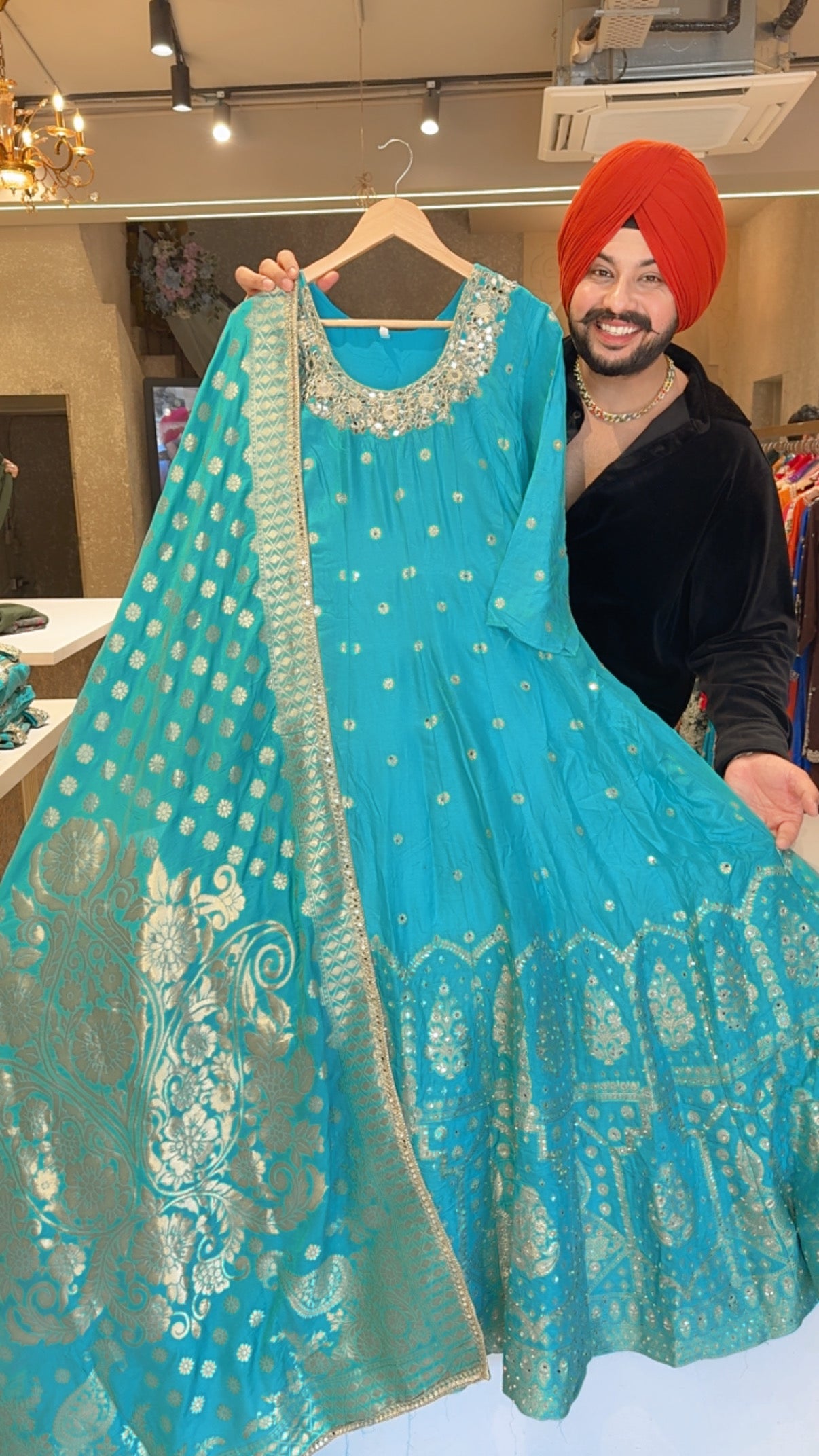 Light Firozi Soft Silk Full Flair Hand Embroidered & Mirror Pasting Anarkali Gown With Heavy Banarasi Border & Duppata