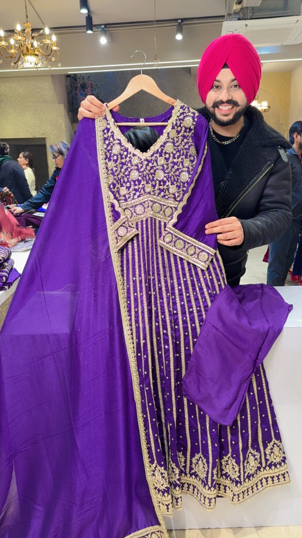 Purple Chinon Front & Back Fully Embroidered Long Length Semi Backless Anarkali Suit