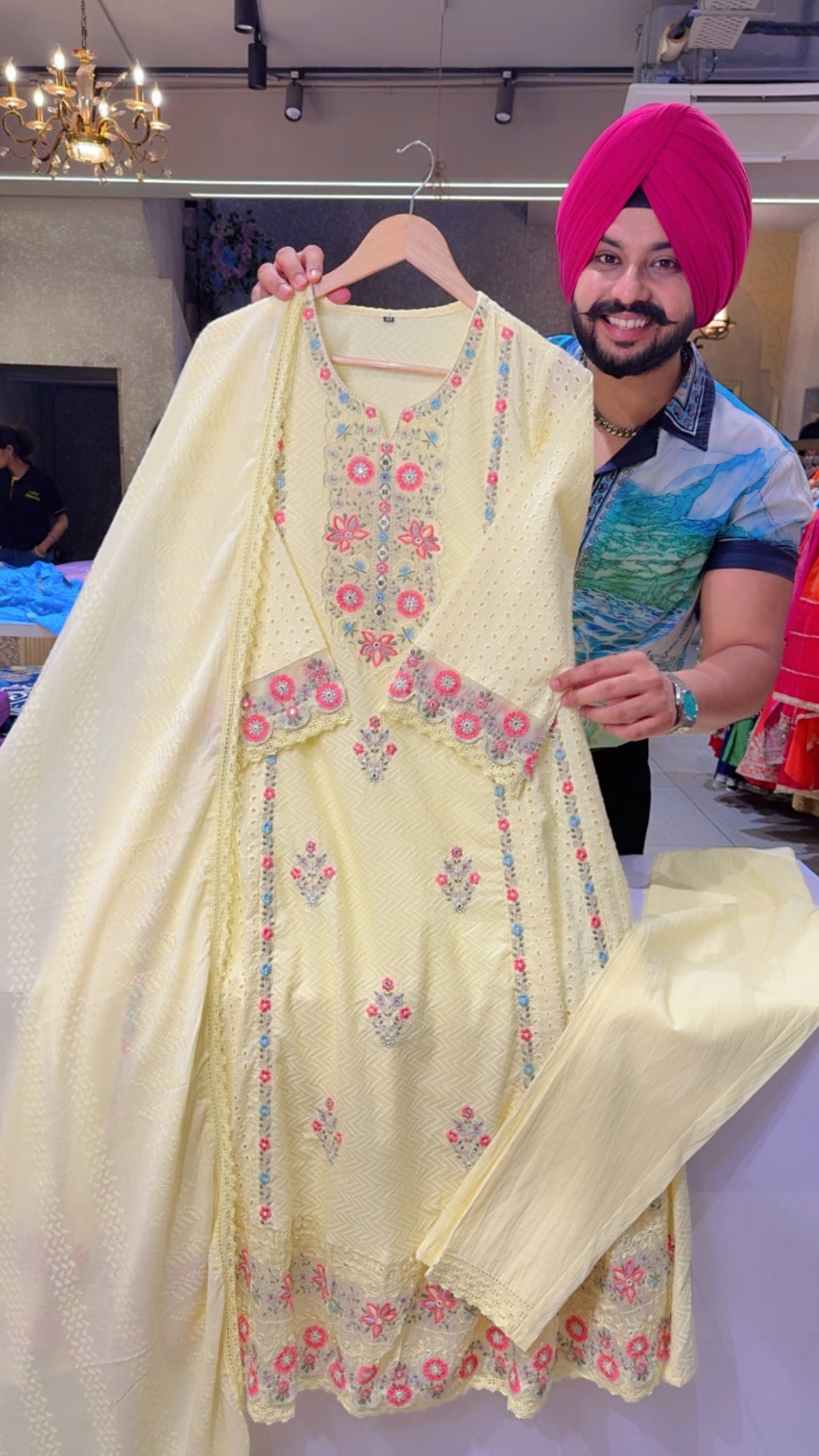 Lemon Yellow Fully Embroidered & Shifli Work Cotton Anarkali Suit