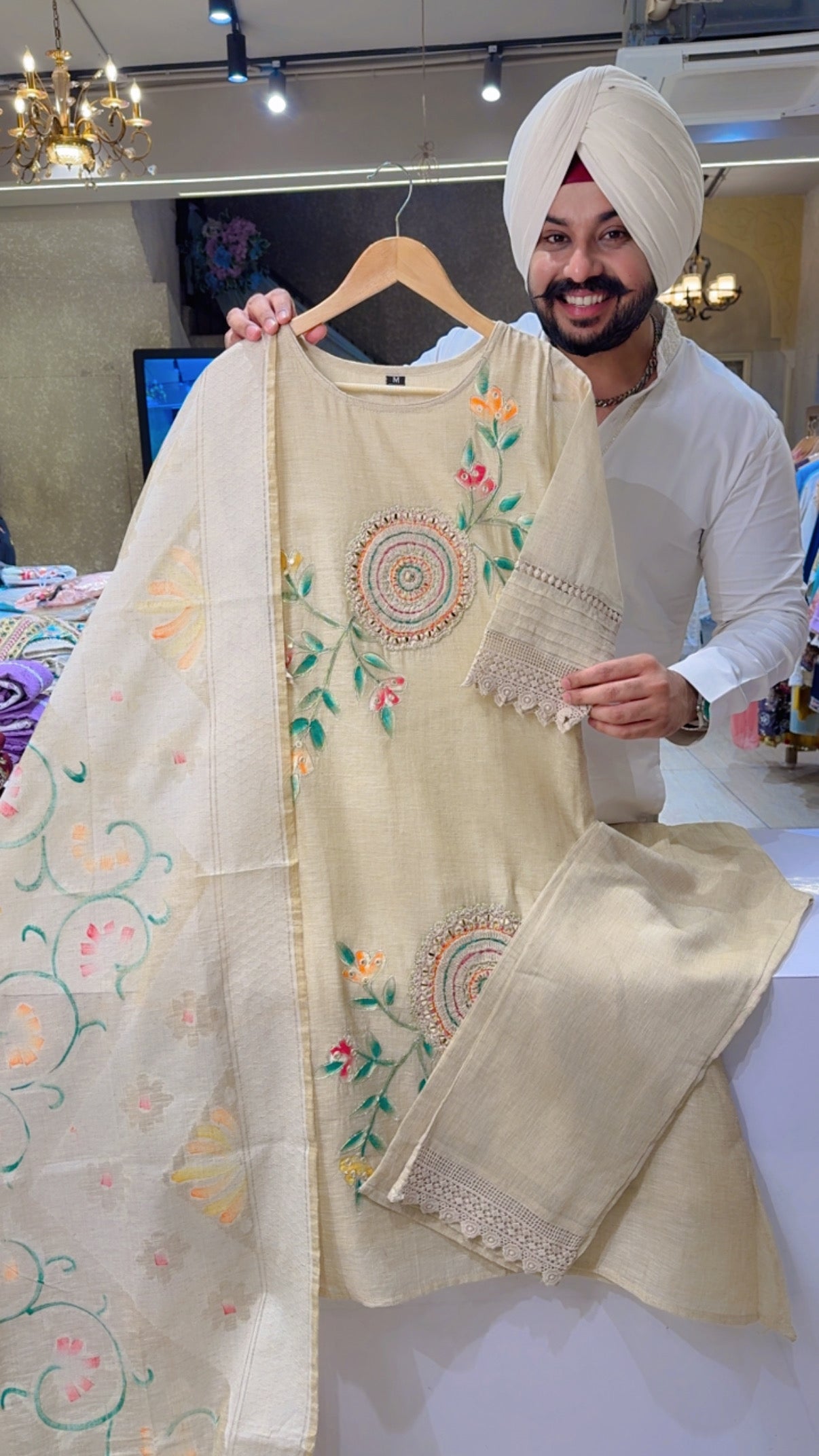 Light Beige Soft khaadi Silk C-Cut Embroidered Indowestern suit with Beautiful Jacquard Dupppata