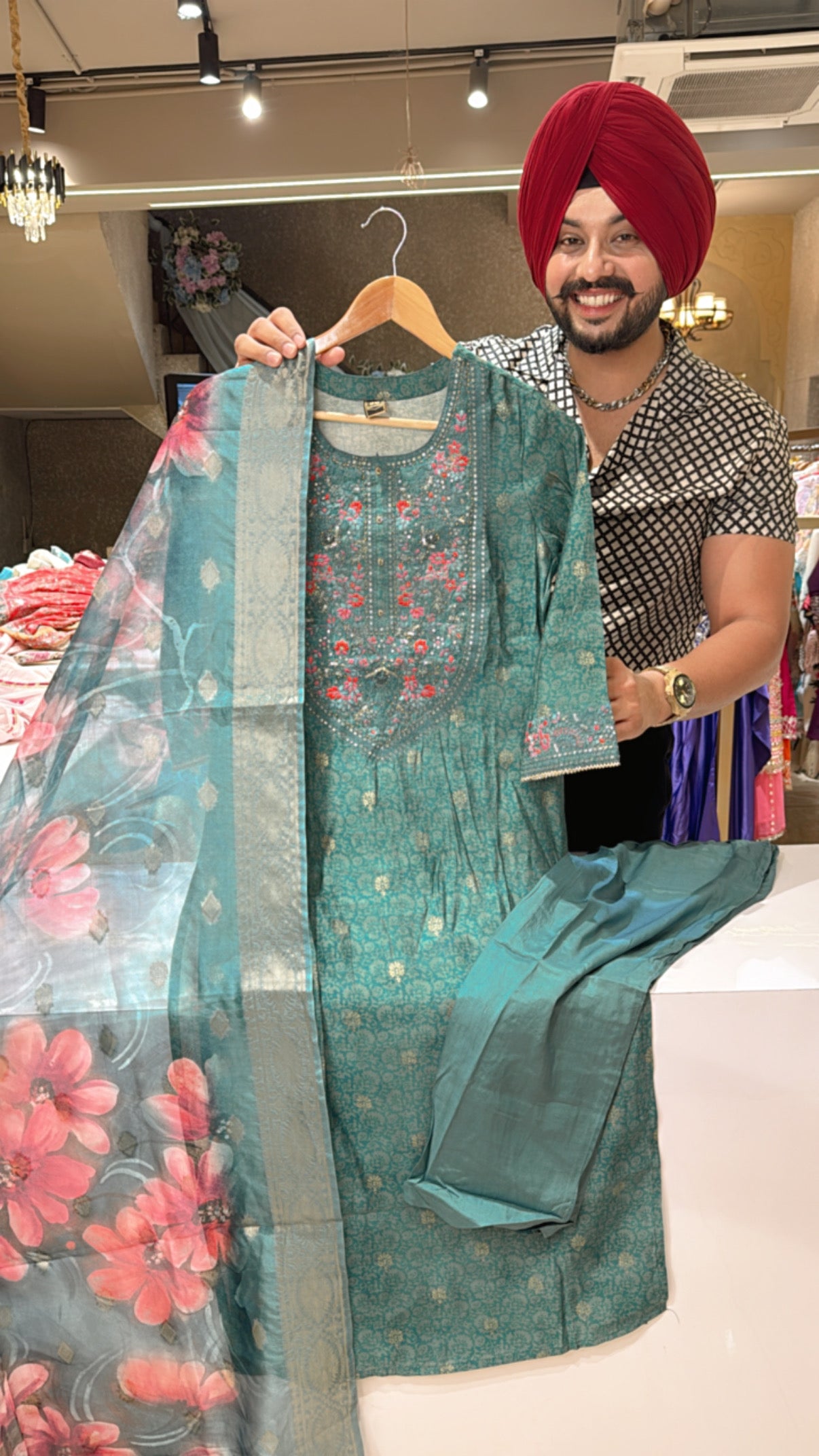 Rama Green Muslin Silk Straight suit with Beautiful Embroidery work on neck & Full Length organza Duppata