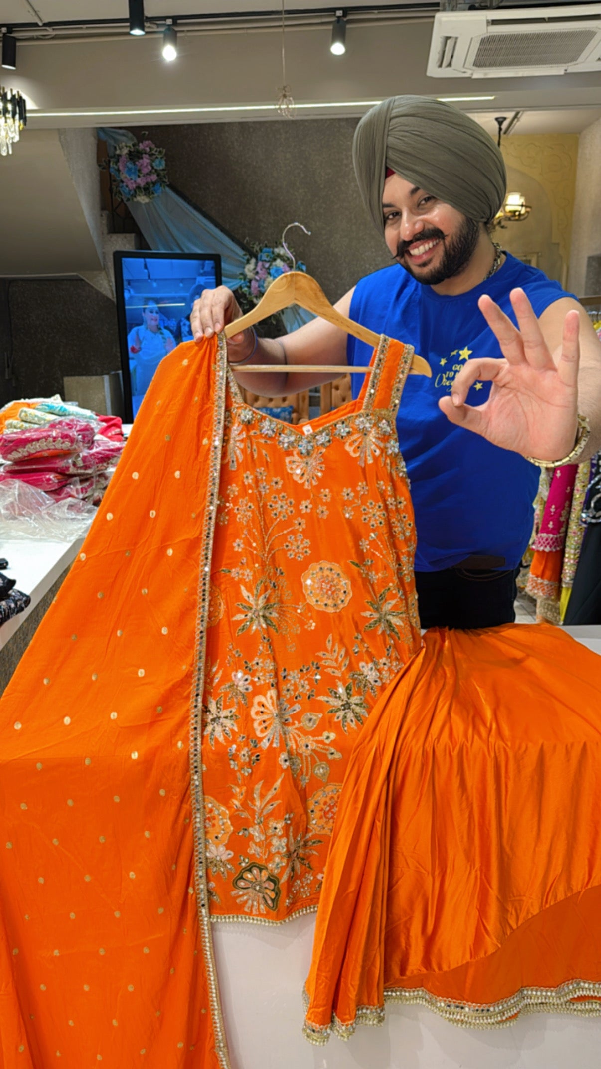 Orange Strap Sleeves Satan Crepe Heavy Hand Embroidered Azaaro Set with Embroidered Chinon Duppata