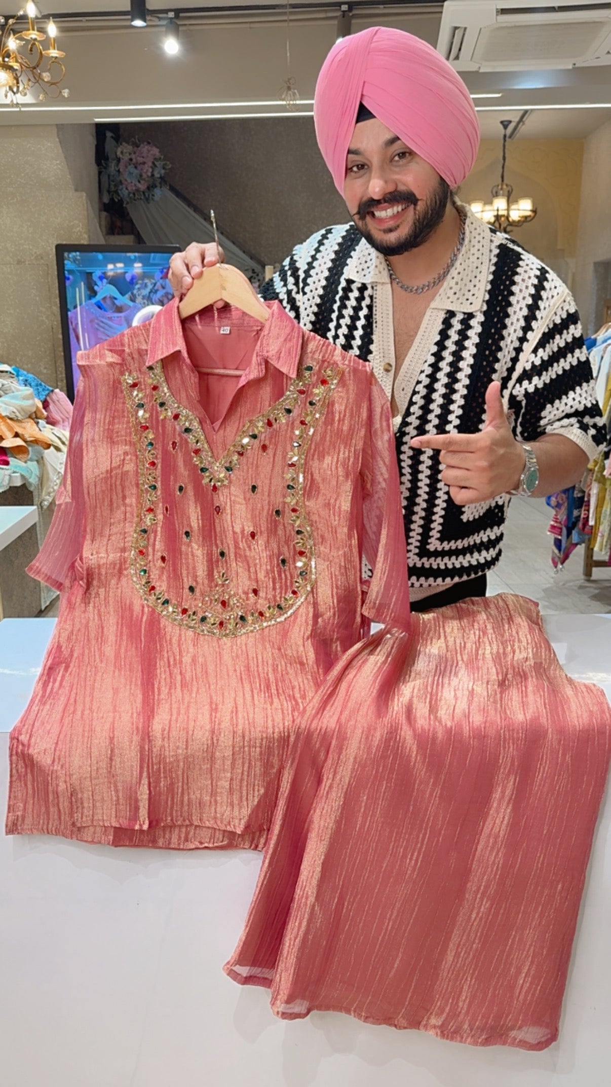English Pink Shimmer Silk Tisue Collar Neck Coord set with Heavy Stone Work Side Knot Jacket