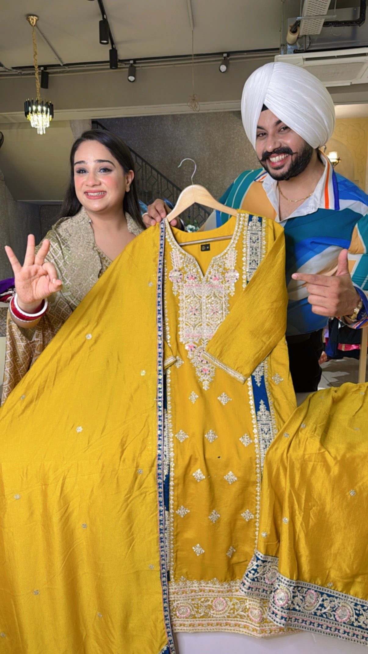 Goldenish Mustard Chinon heavy Embroidered Straight Plazo suit with Beautiful Dupatta