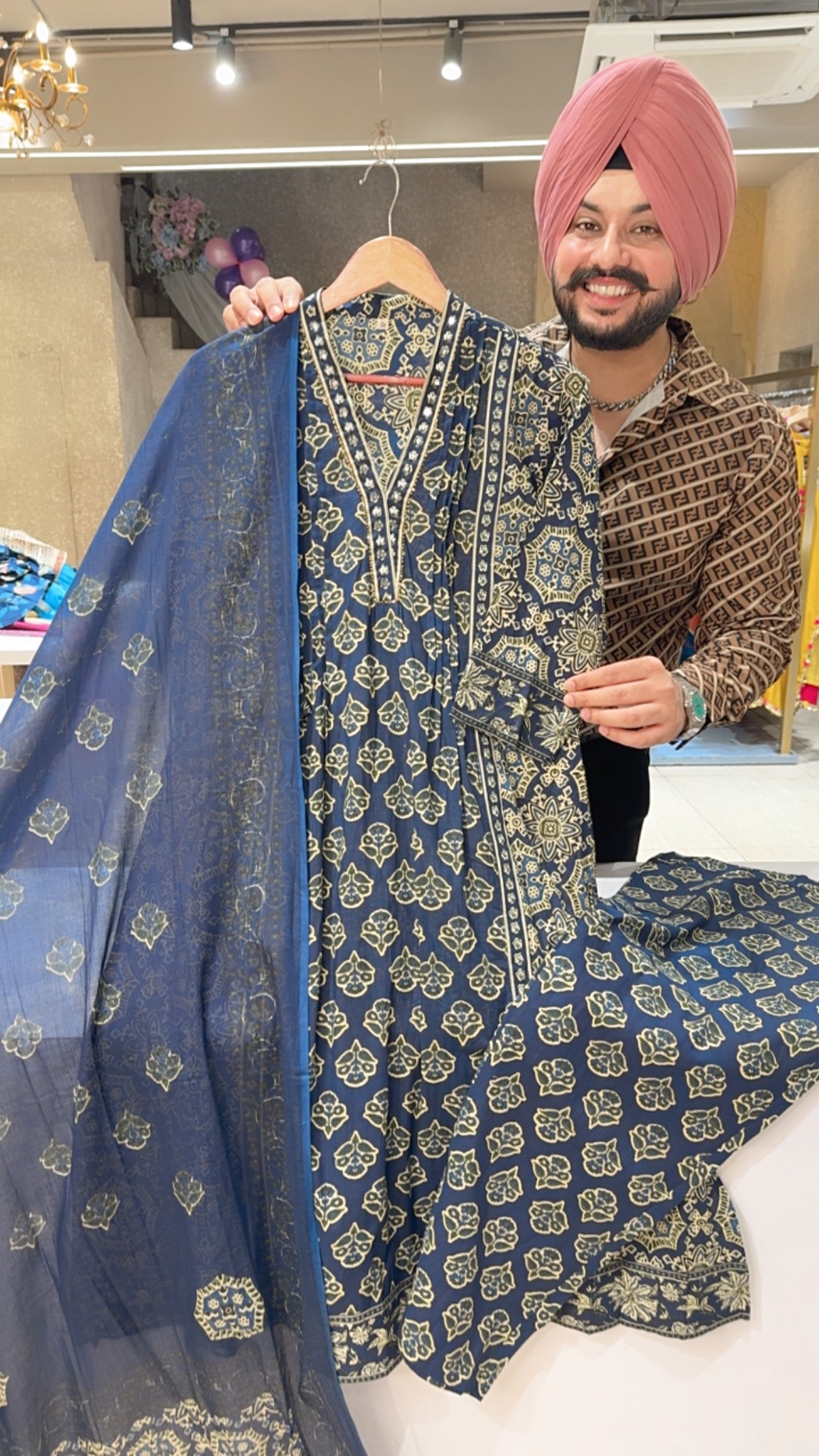 Blue Pure Cotton A-line Side Slit Suit with Sleek Hand embroidery work on neck