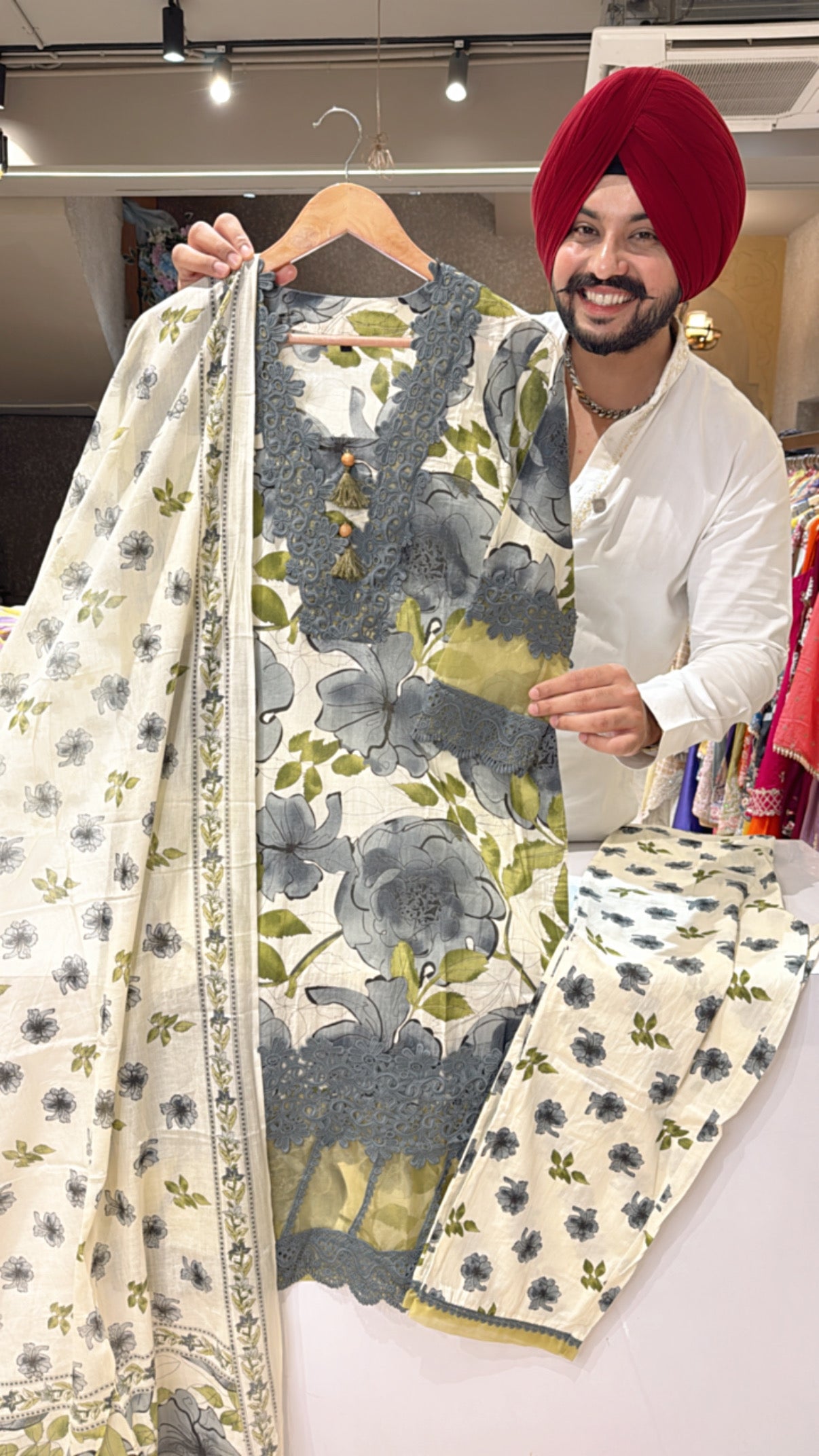 Off White & Grey Pure Cotton Designer Lace Kashmiri Suit with Beautiful Duppata