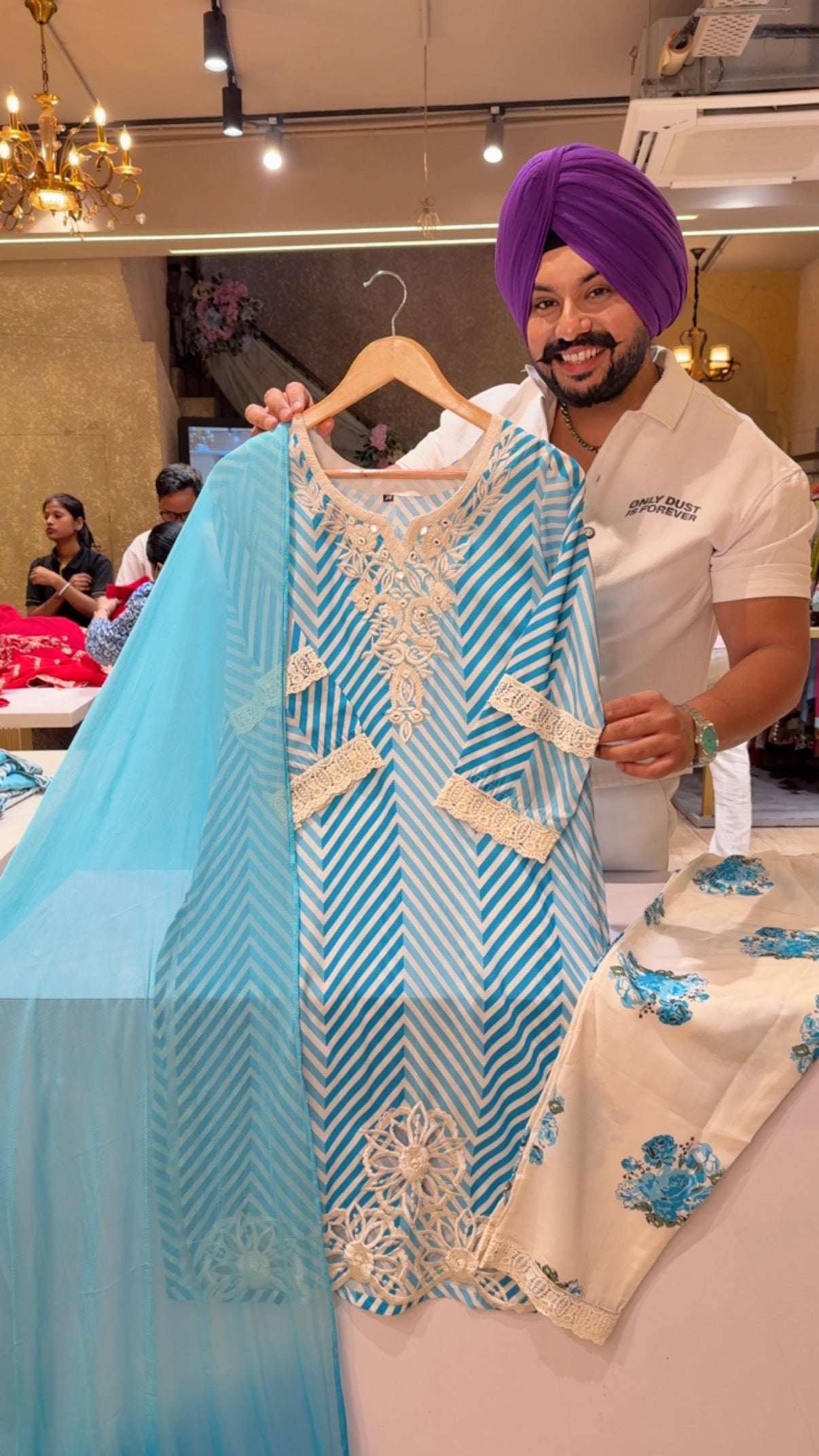 Off white & Firozi Soft Silk Embroidered & Applique Cut work Indowestern Suit