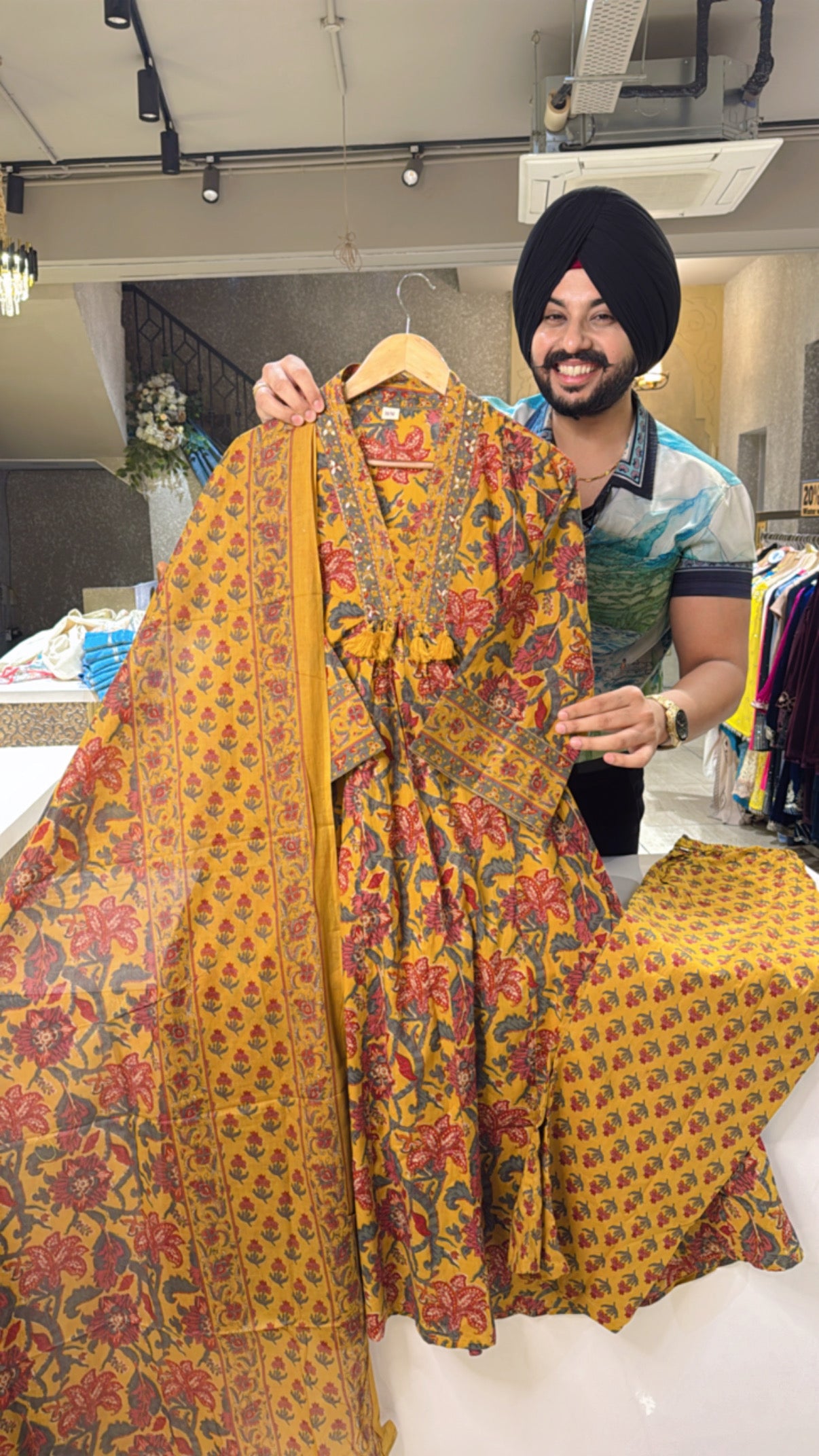 Mustard yellow Pure Cotton Office Wear Front Gattering A-line Suit