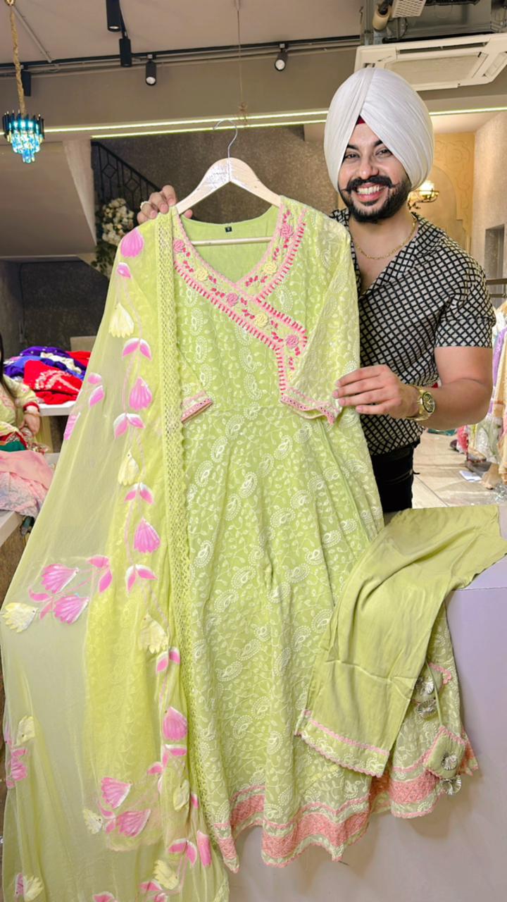 Mint Green Georgette Fully embroidered Angrakha Anarkali suit with hand painted Chiffon Duppata