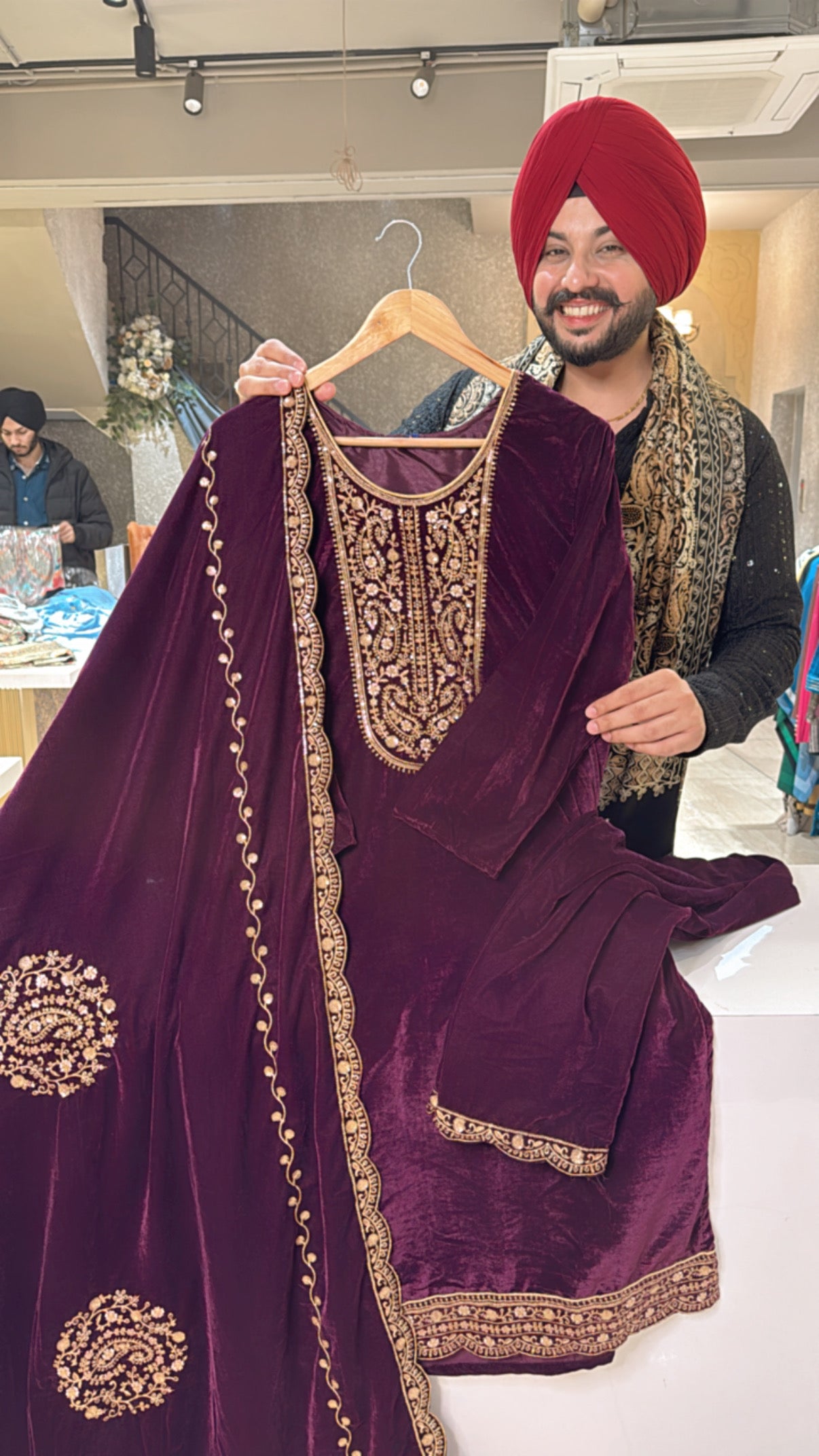 Wine Premium Velvet Embroidered Straight Suit with Heavy Duppata