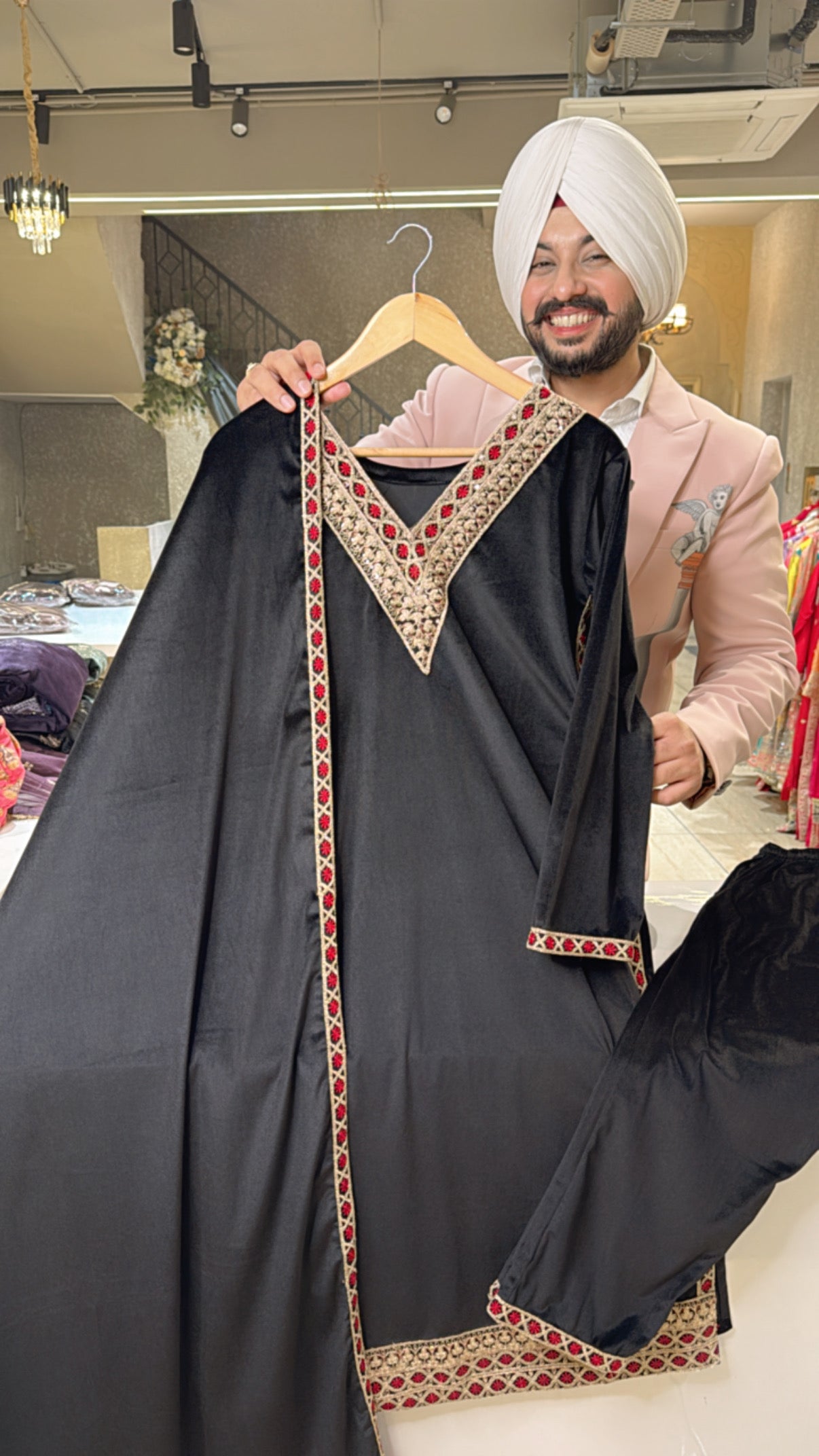 Black v-neck Pakistani heavy Strechable Velvet suit