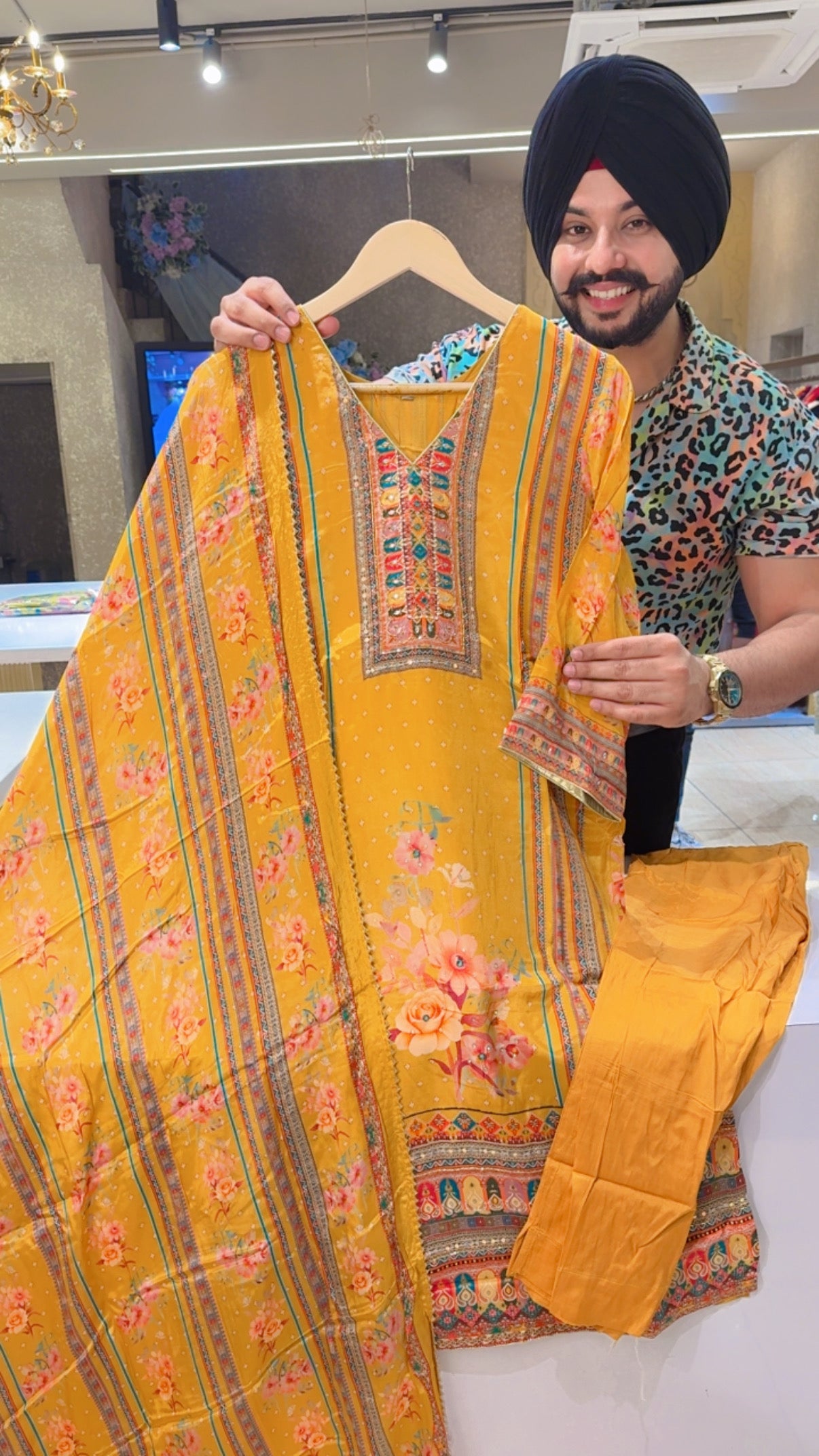 Mustard yellow Crepe digital Print party Wear Suit with Hand embroidery Work on neck