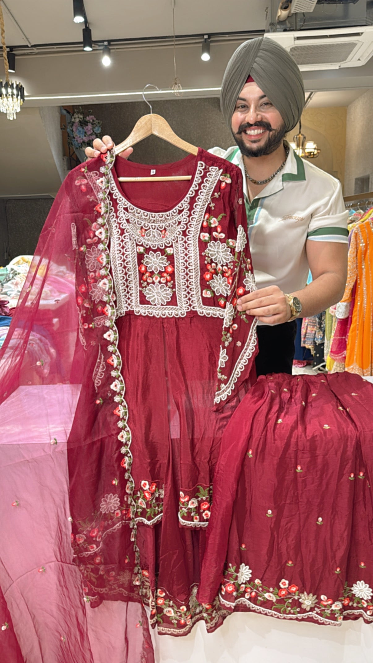 Maroon Pure Chinon Heavy Hand Embroidered Front Slit High Low Skirt Set with Embroidered Organza Duppata