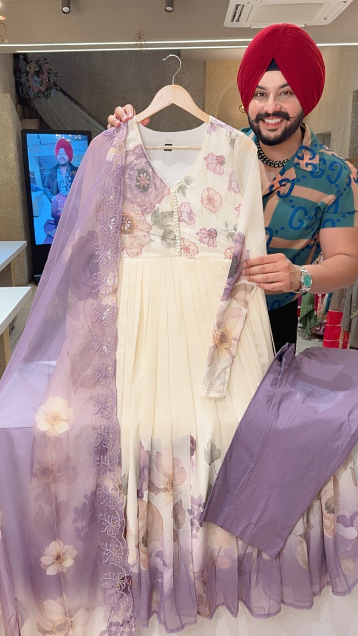 Cream & Lavender Chiffon Floral print Full Flair Anarkali Suit with Hand Embroidery work on neck & Organza Duppata