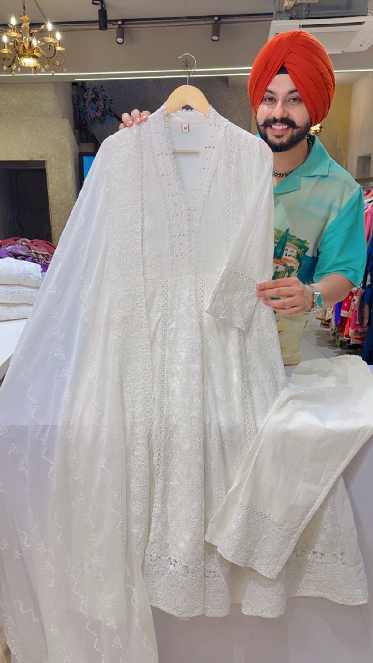 Moon white Mal Cotton Full Flair Fully Embroidered Anarkali Suit with Mal cotton Duppata