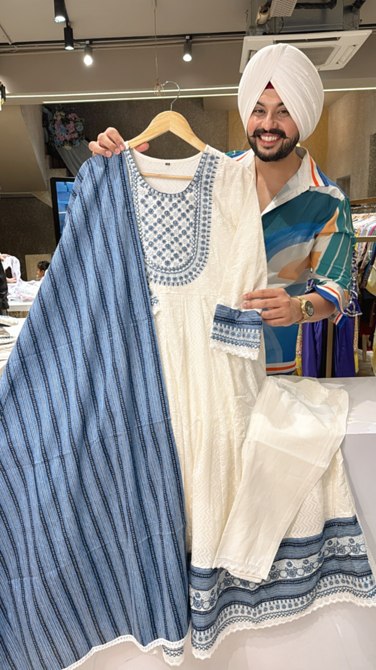 Moon White & Blue Pure Cotton Embroidered & Shifli work Filll Flair Anarkali Suit with Beautiful printed Duppata