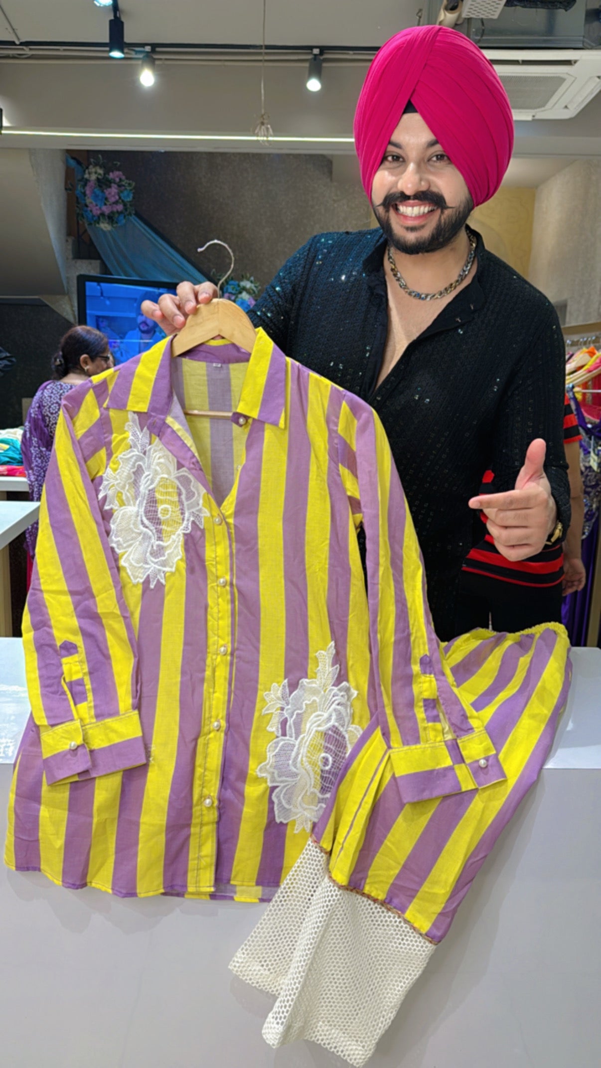 Vibrant Yellow Purple Soft Cotton Western Coord set with Crochet Net